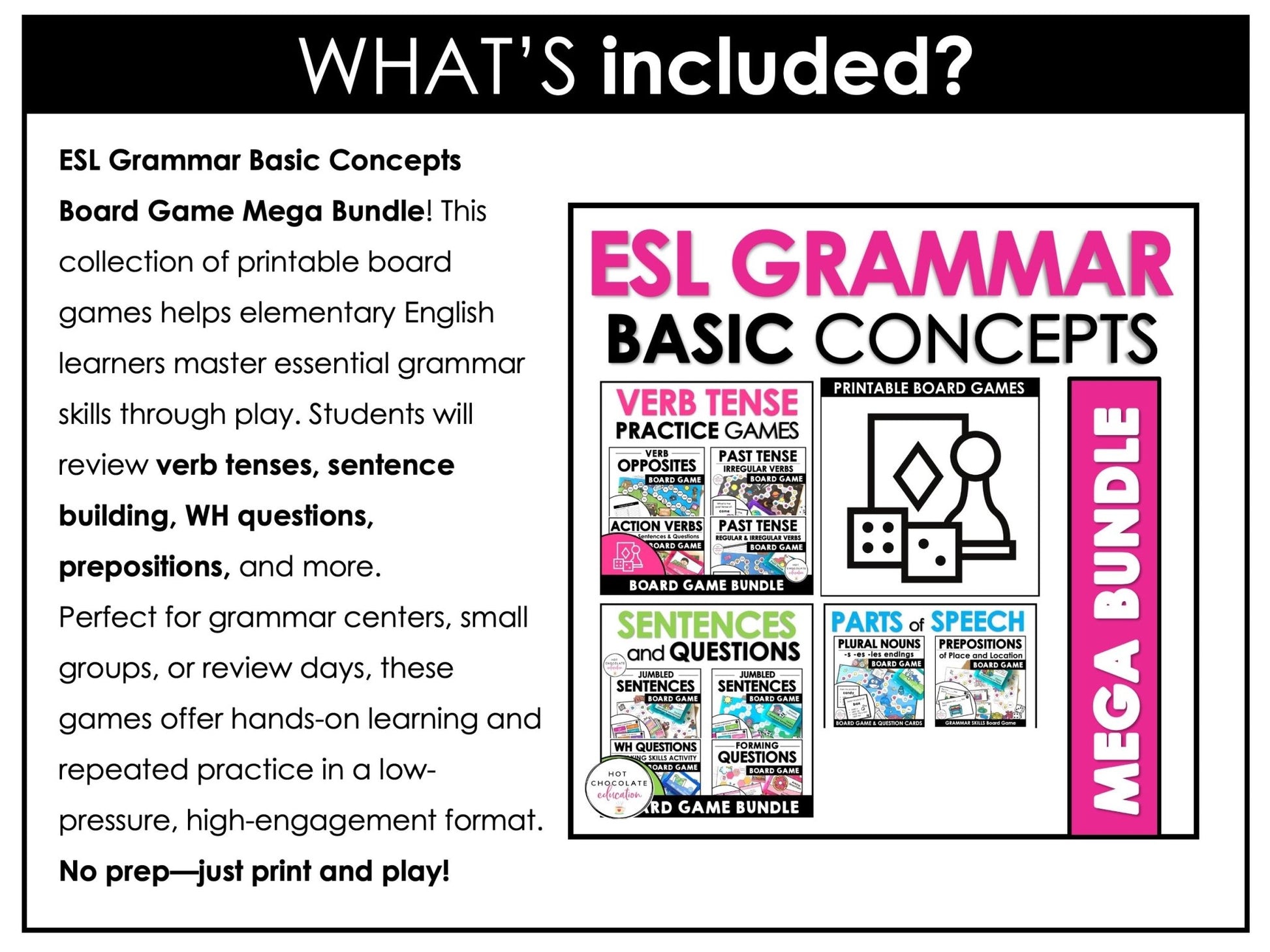English Essentials Biggest Bundle: ESL Grammar, Conversation, Vocabulary ELA Games & Activities - Hot Chocolate Teachables