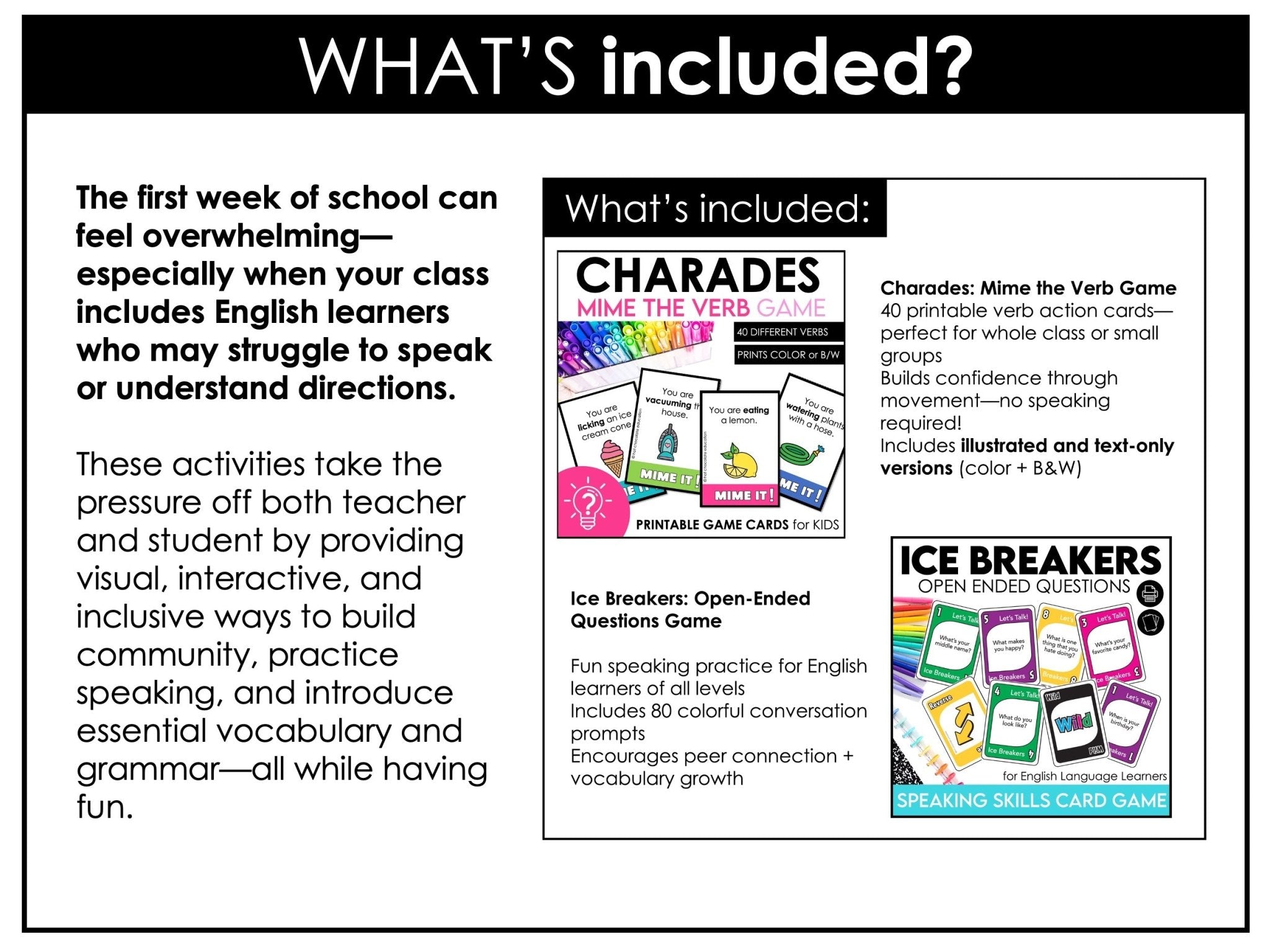 ESL Back to School BUNDLE: First week of School Grammar & Vocabulary Activities - Hot Chocolate Teachables