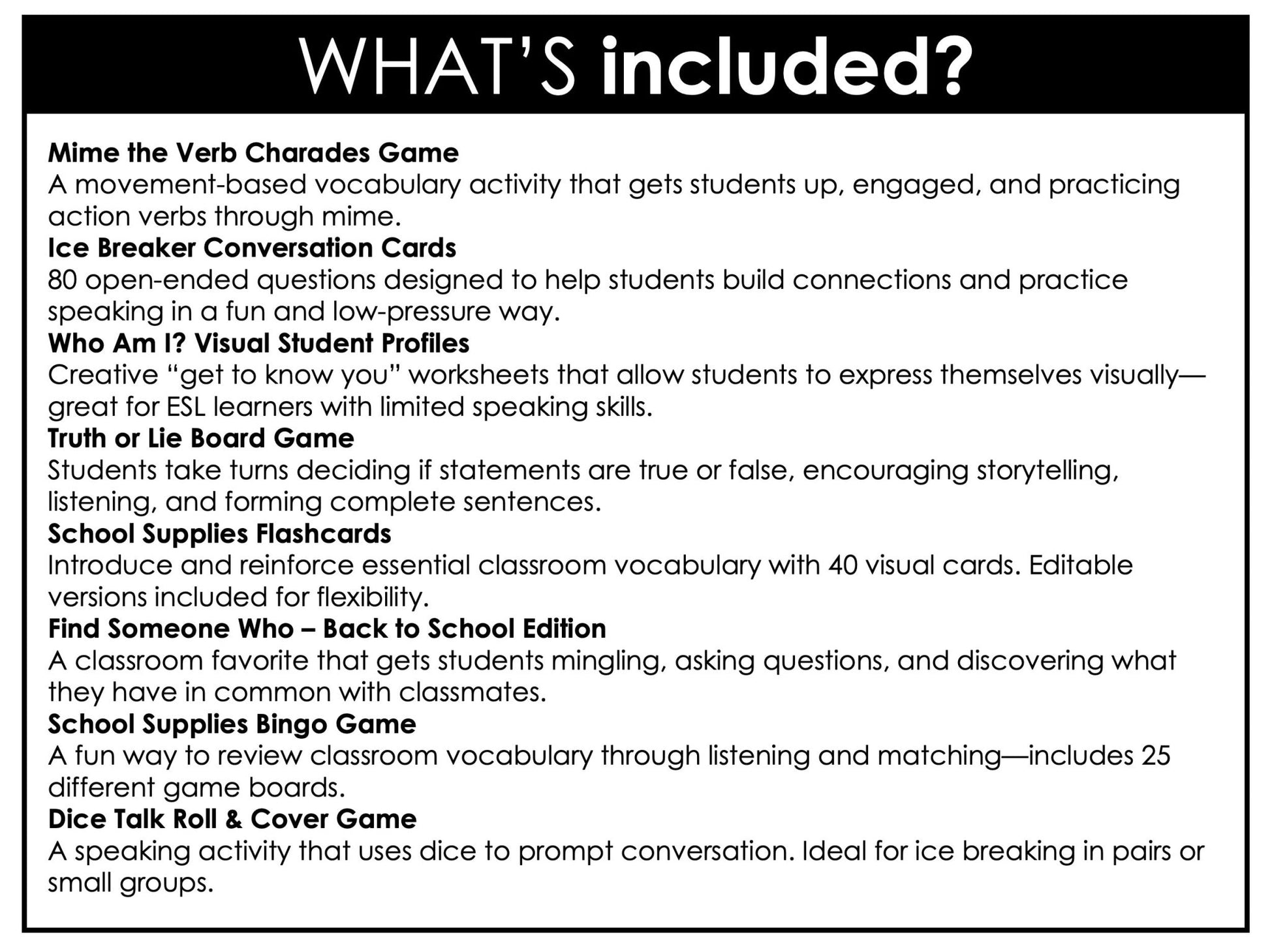 ESL Back to School BUNDLE: First week of School Grammar & Vocabulary Activities - Hot Chocolate Teachables