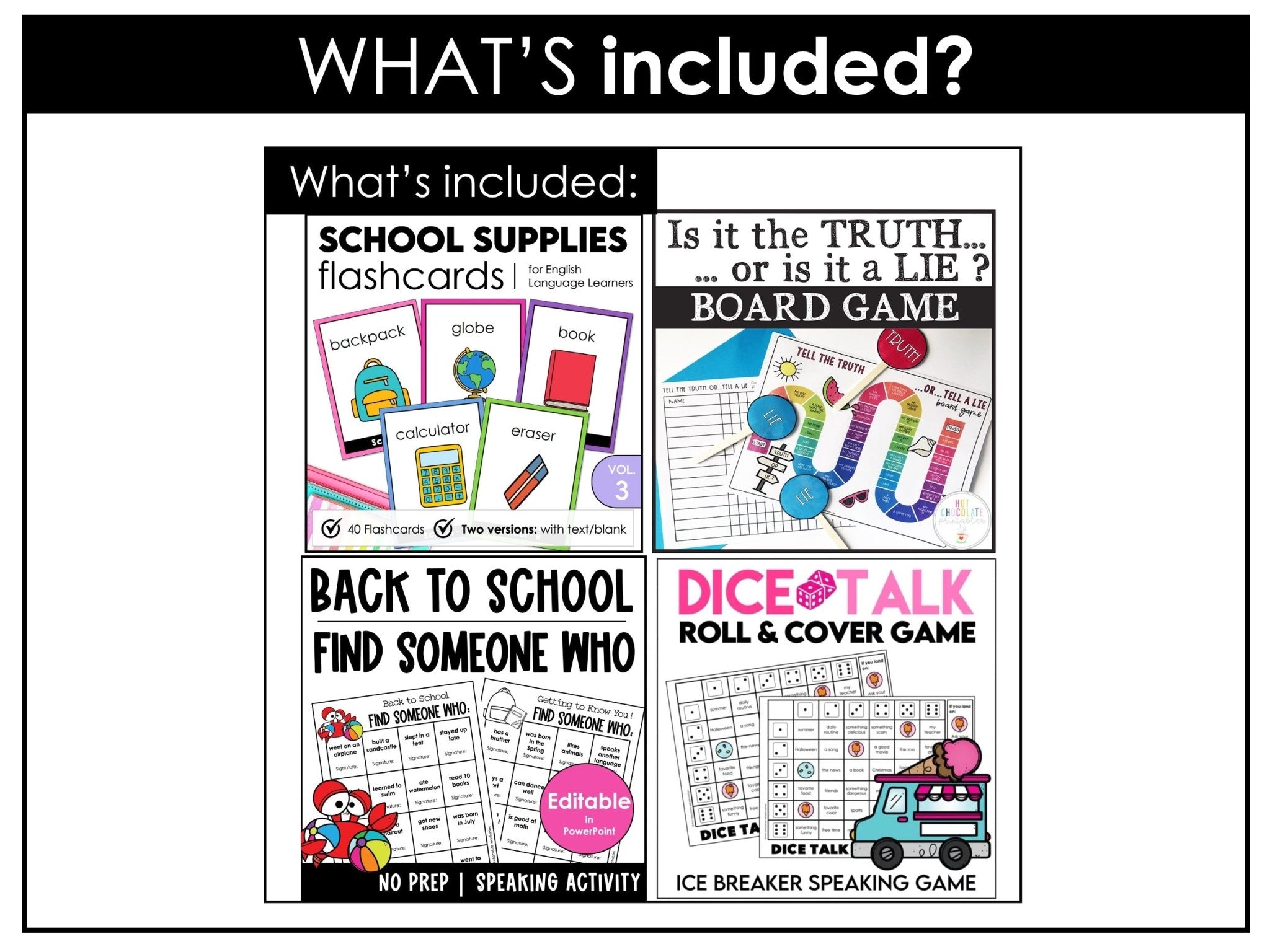 ESL Back to School BUNDLE: First week of School Grammar & Vocabulary Activities - Hot Chocolate Teachables
