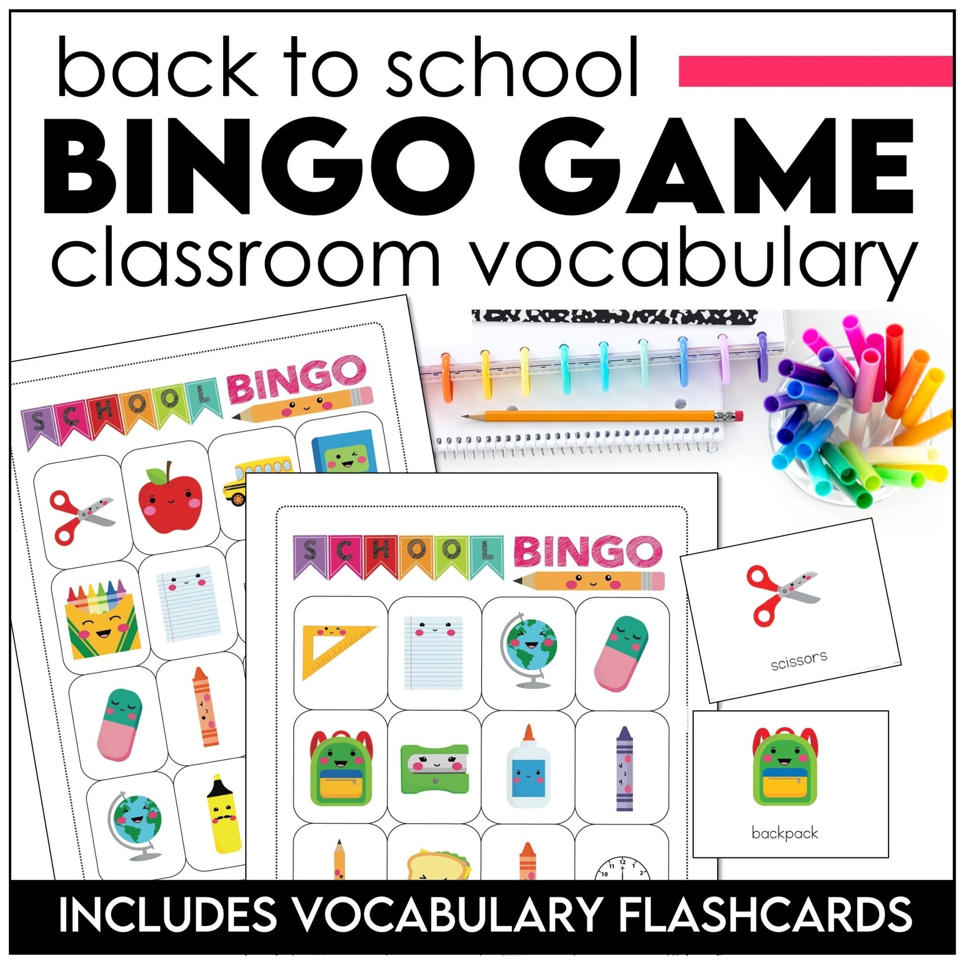 ESL Classroom Vocabulary School Supplies Bingo and Flashcard Set - Hot Chocolate Teachables