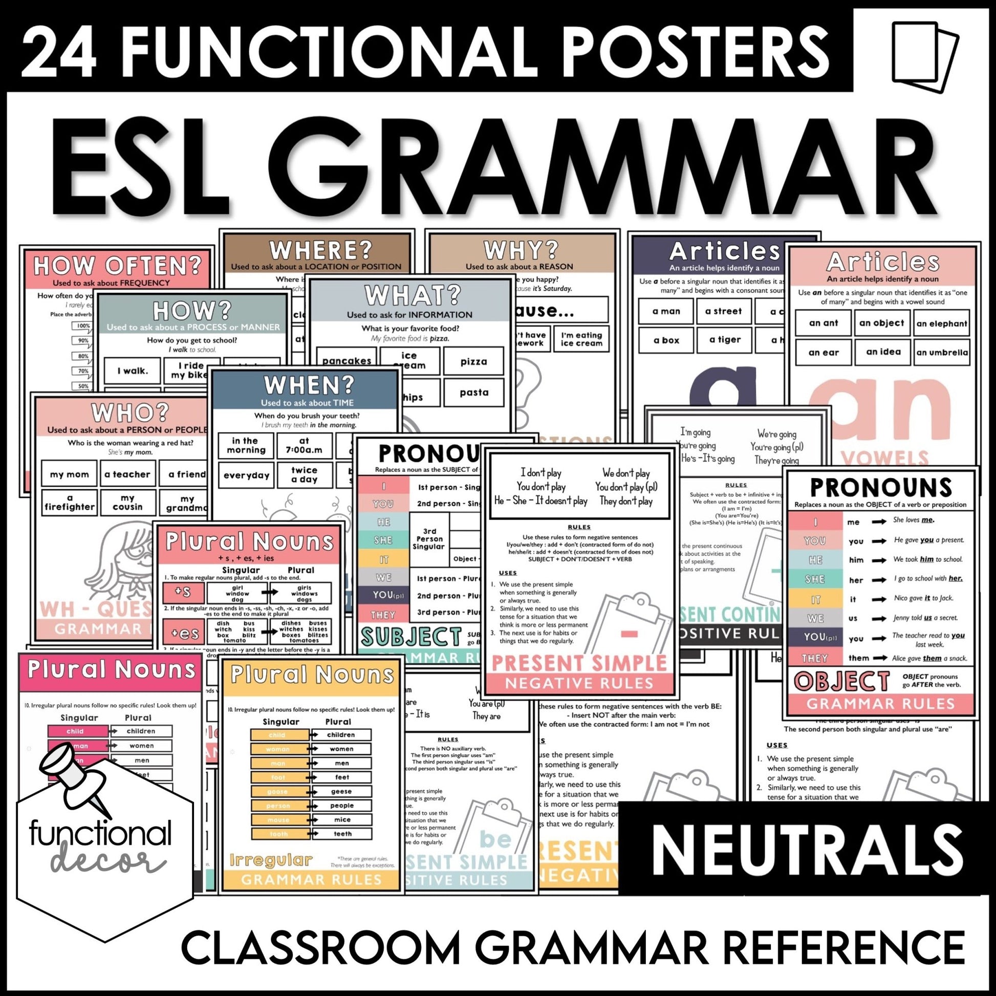 ESL Grammar Posters: Functional Classroom Decor Visuals - BOHO Neutral - Hot Chocolate Teachables