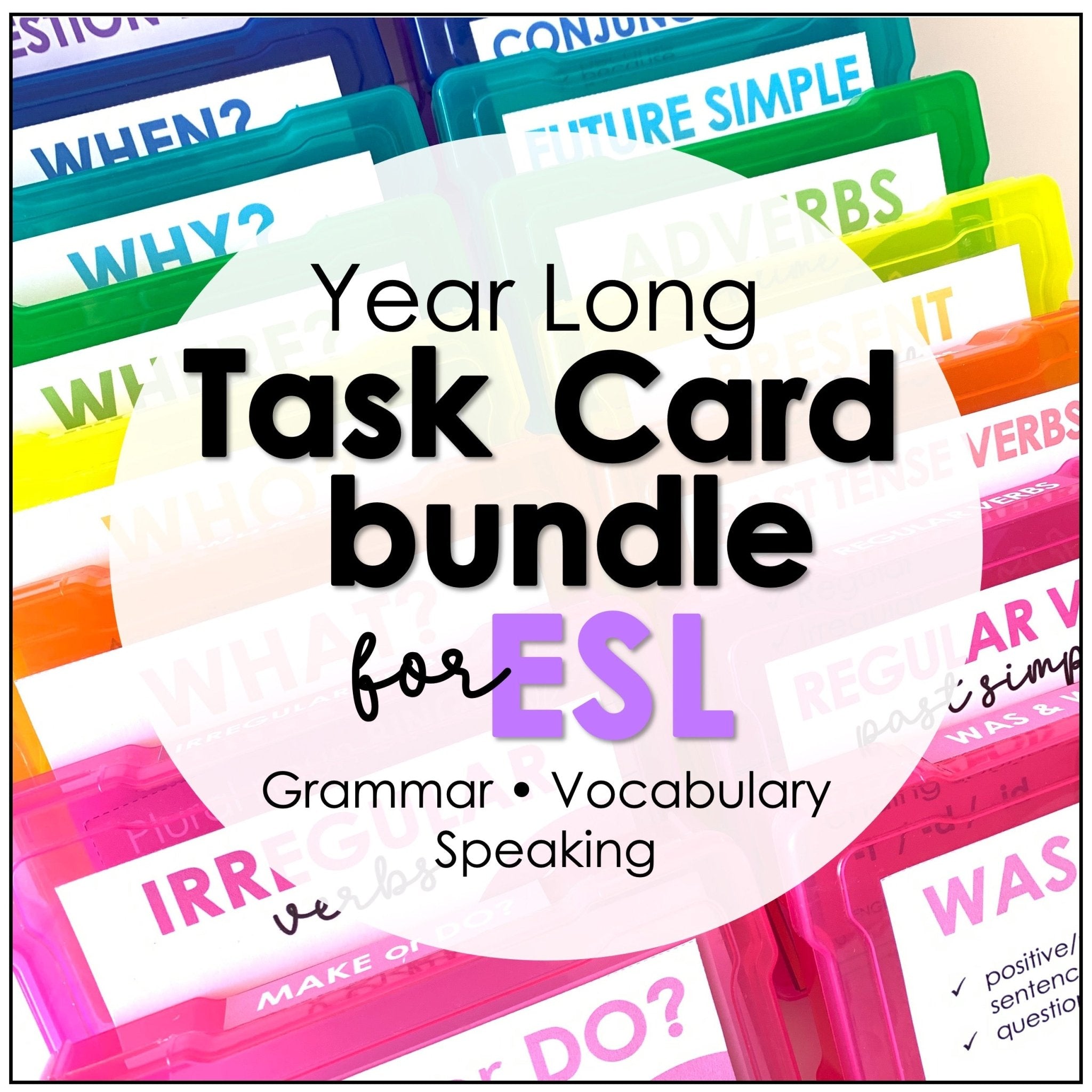ESL Grammar & Vocabulary Task Cards Bundle – Year-Long ELL Activities - Hot Chocolate Teachables