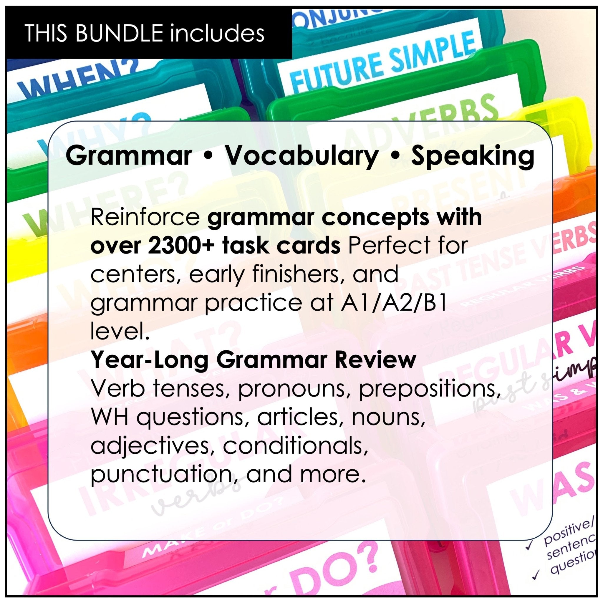 ESL Grammar & Vocabulary Task Cards Bundle – Year-Long ELL Activities - Hot Chocolate Teachables