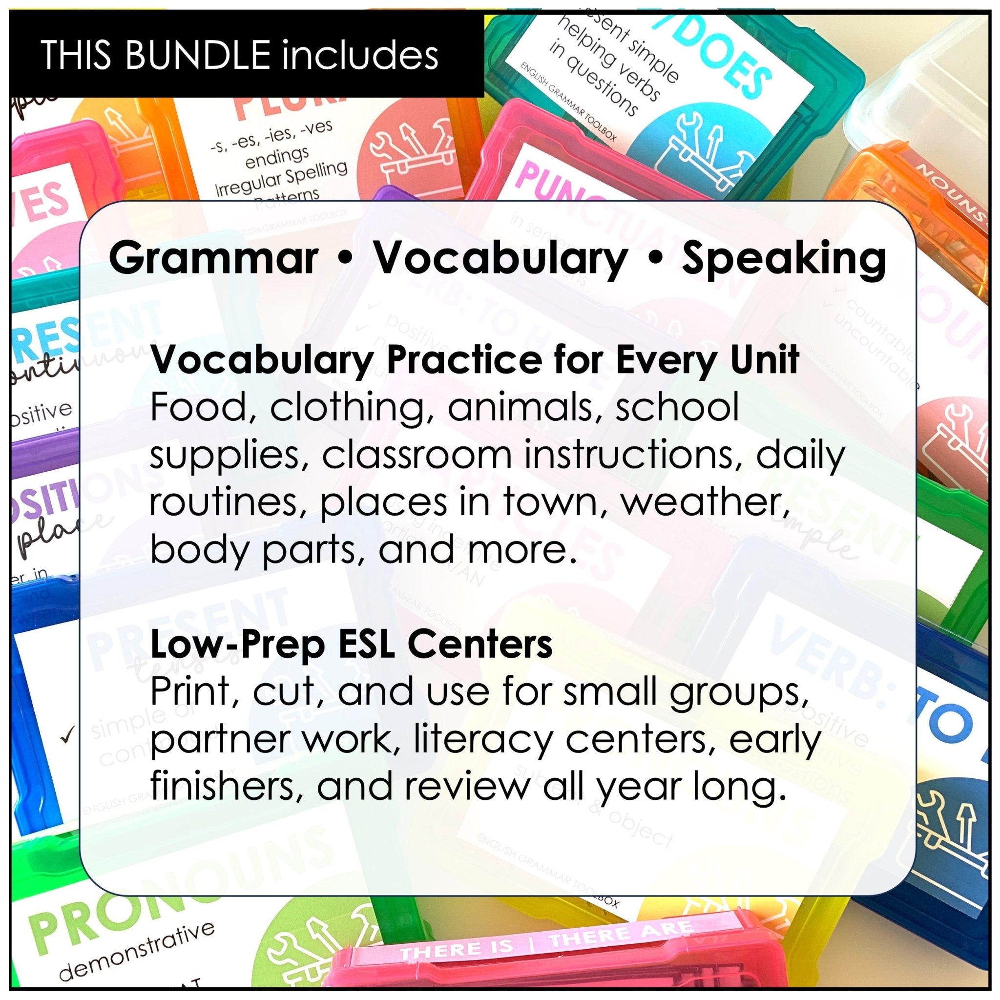 ESL Grammar & Vocabulary Task Cards Bundle – Year-Long ELL Activities - Hot Chocolate Teachables