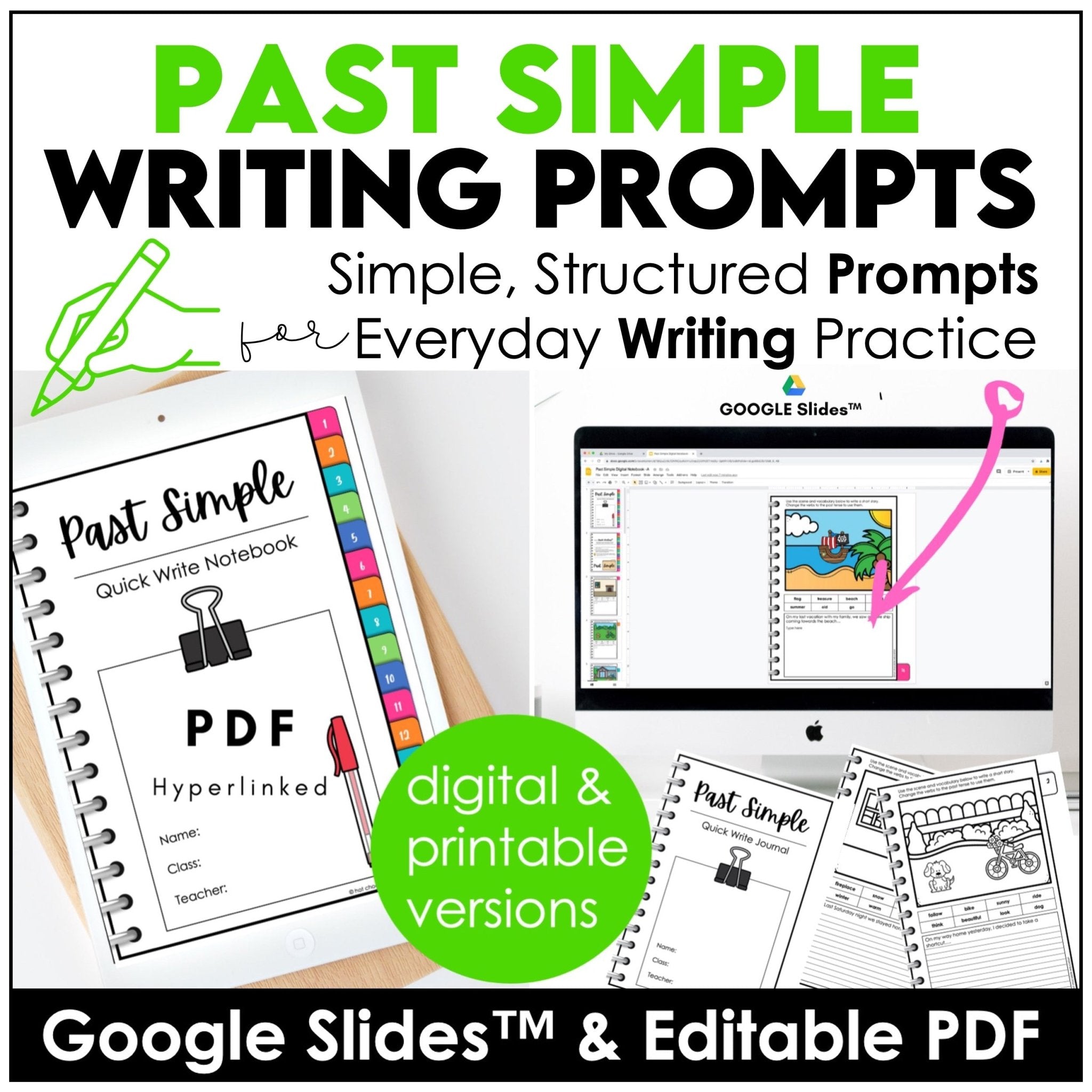 Past Simple writing prompts digital and printable notebook for ESL students