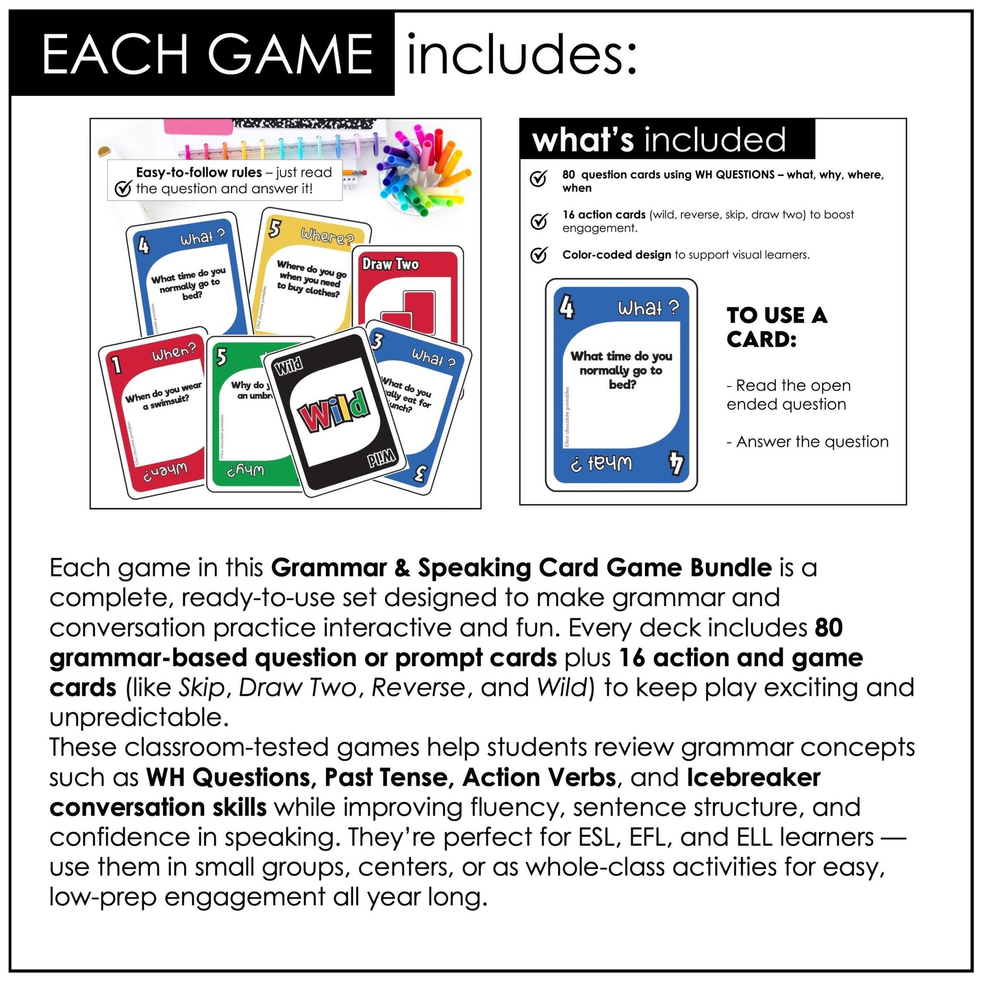 ESL Speaking Card Games Bundle | Activities to Practice Conversation - Hot Chocolate Teachables