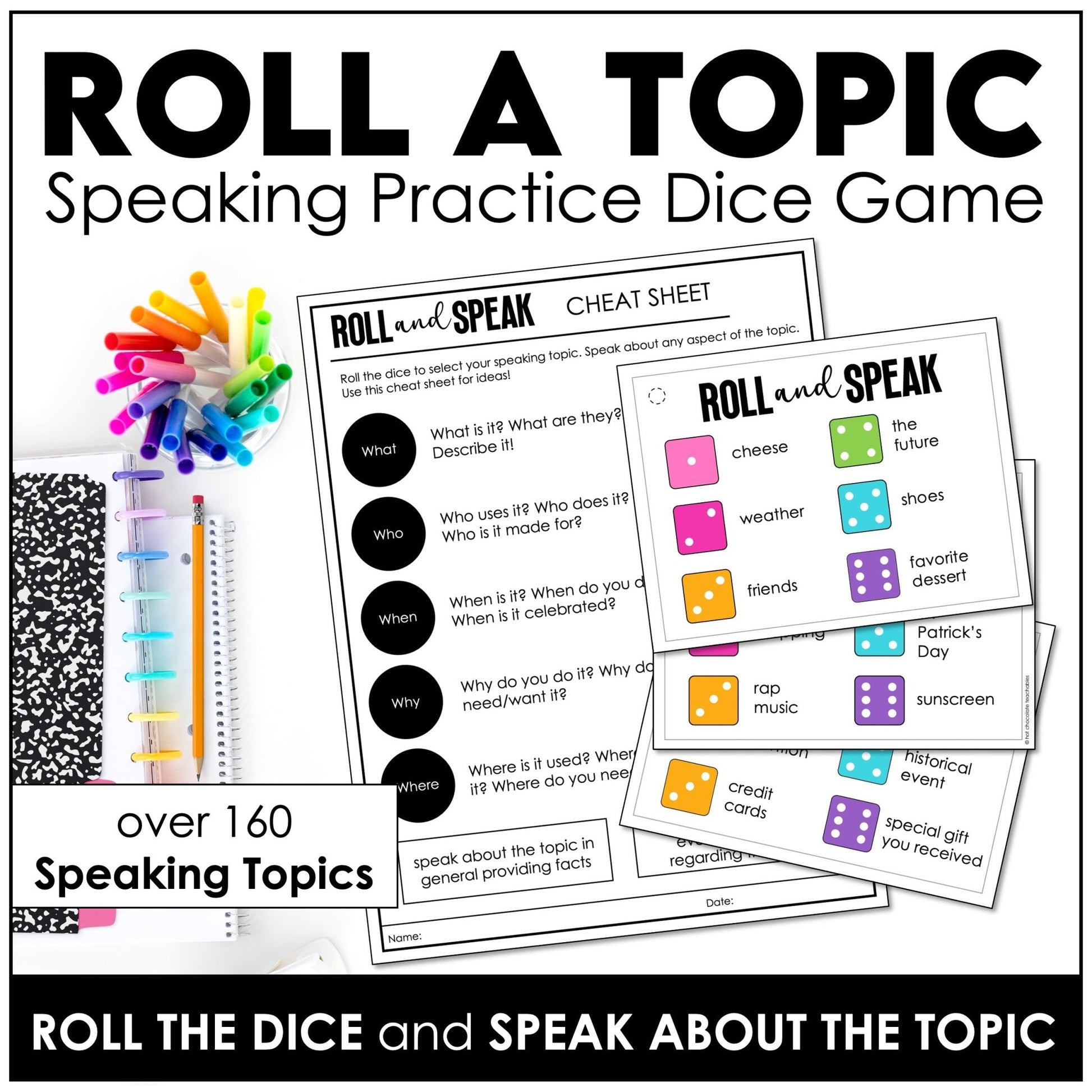 ESL Speaking Dice Game - Basic Vocabulary Student Led Speaking Activity - Hot Chocolate Teachables