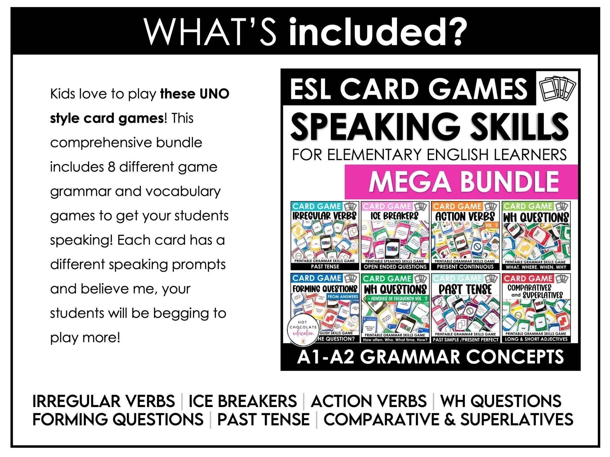 ESL Speaking Skills Starter Kit | English Games, Activities & Question Cards - Hot Chocolate Teachables