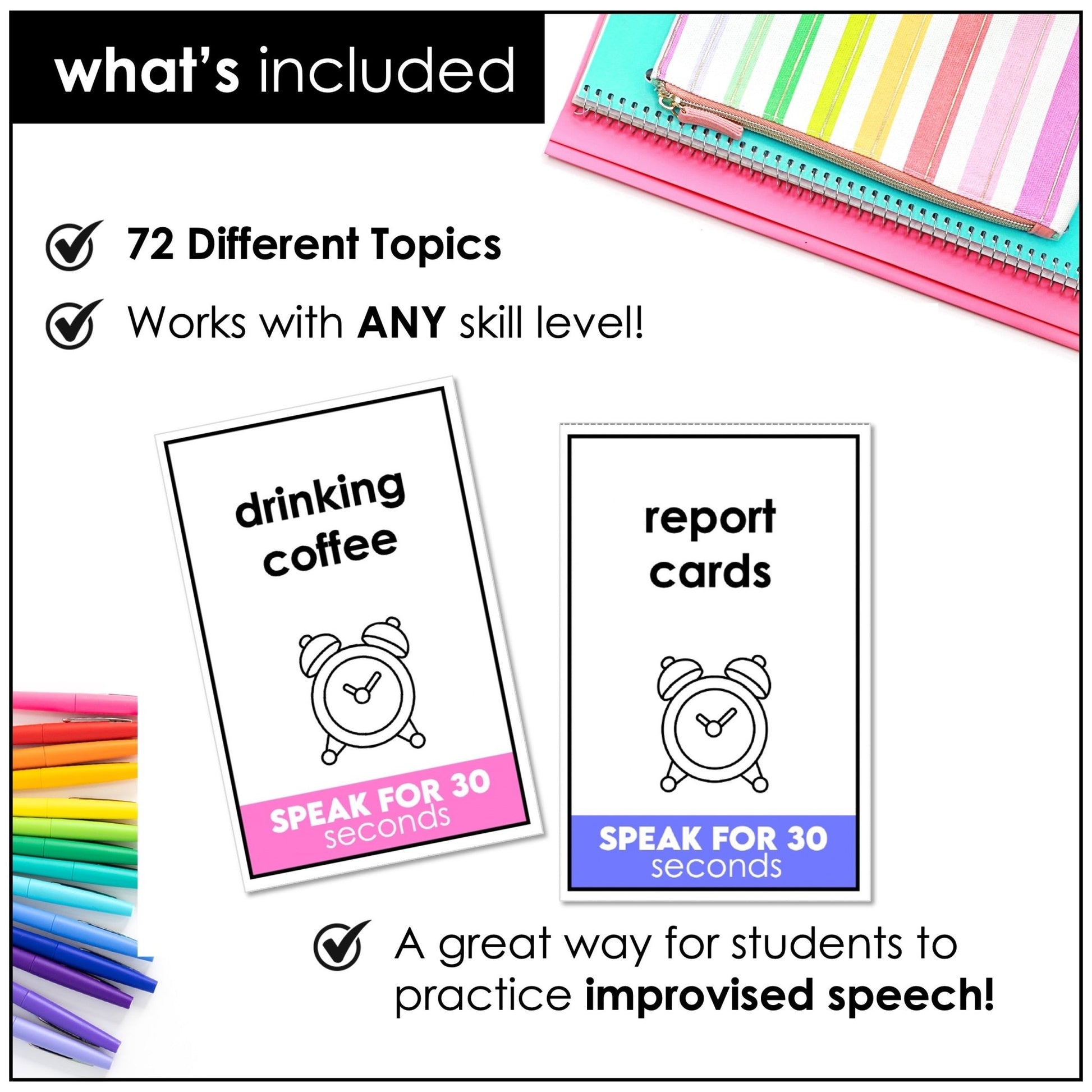 ESL Speaking Topic Prompts - Speak for 30 Seconds Discussion Cards - Hot Chocolate Teachables