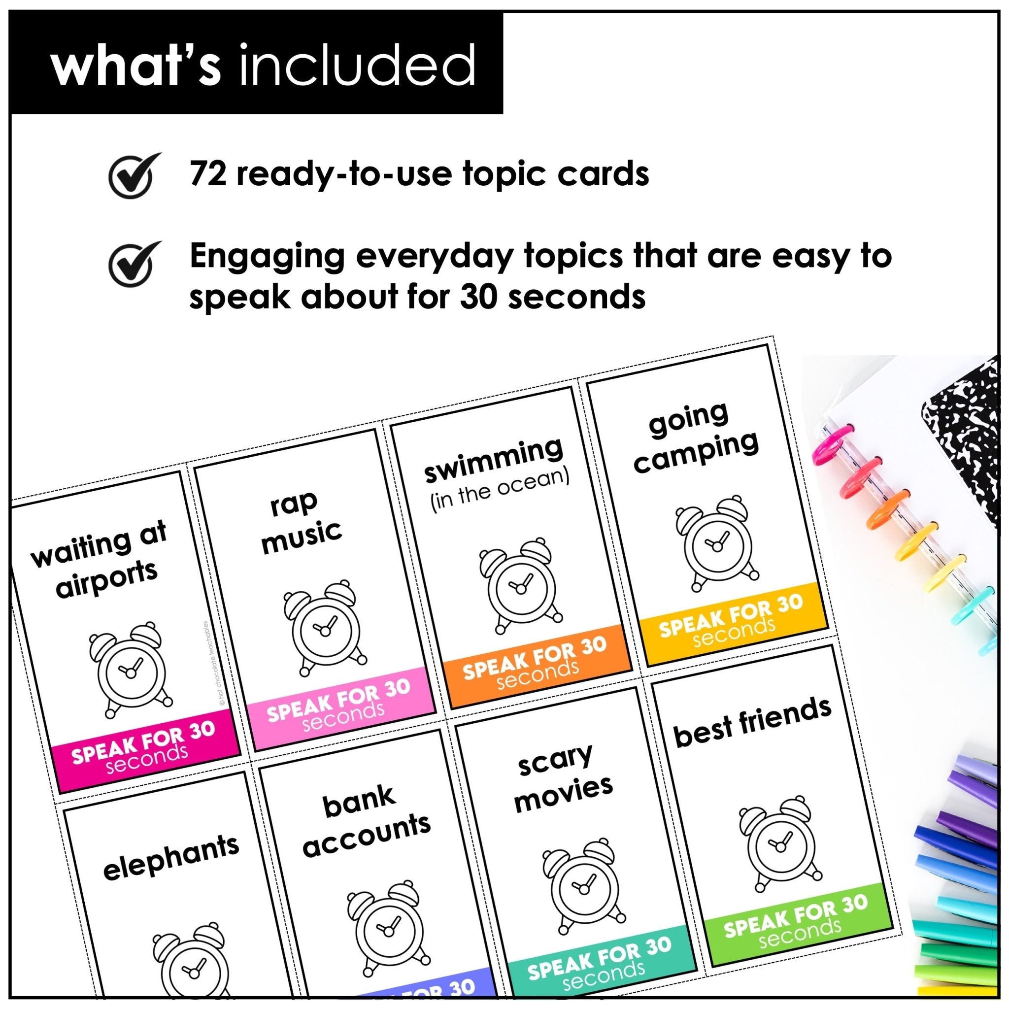 ESL Speaking Topic Prompts - Speak for 30 Seconds Discussion Cards - Hot Chocolate Teachables