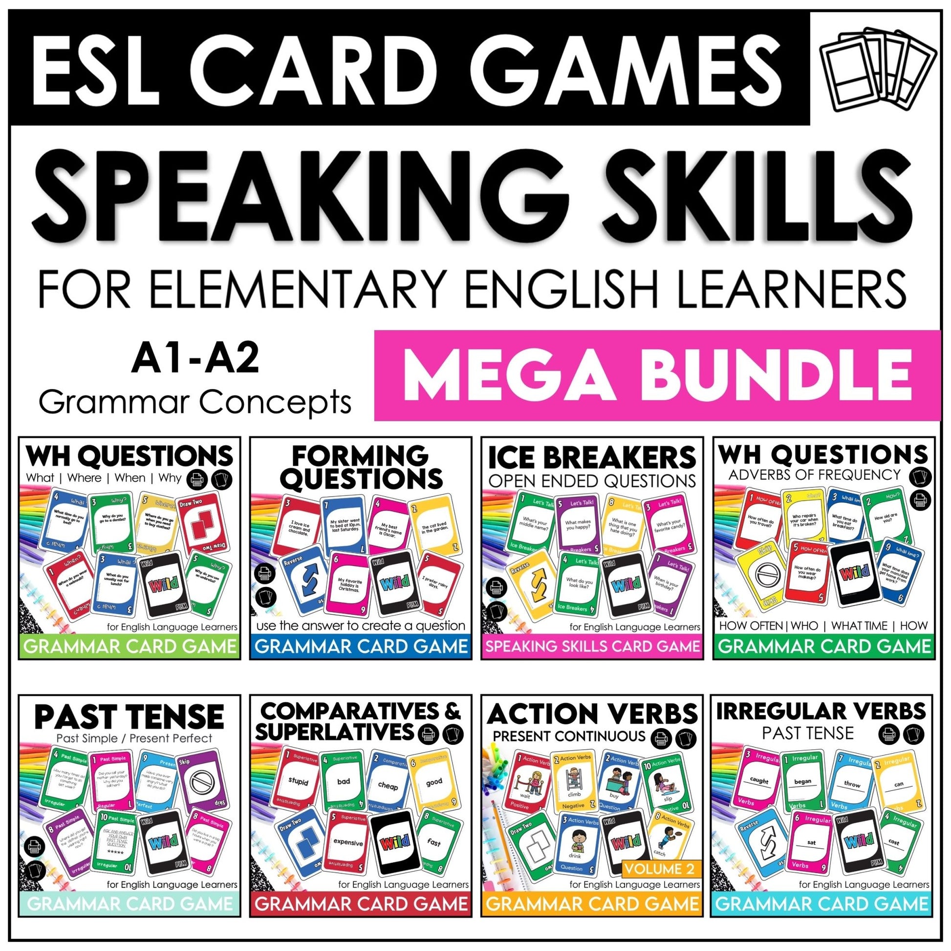 ESL Verb Tense Games BUNDLE | Present, Past, Irregular, Questions, Ice Breakers - Hot Chocolate Teachables