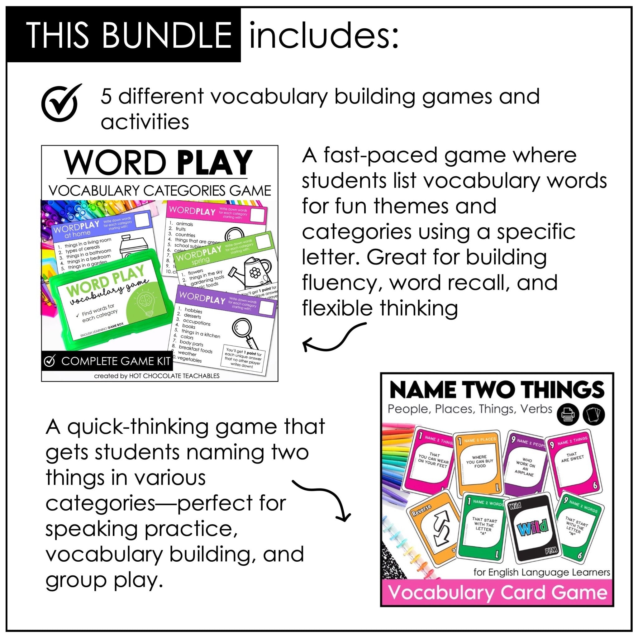 ESL Vocabulary Building: Digital & Print Games Bundle for Kids - Hot Chocolate Teachables