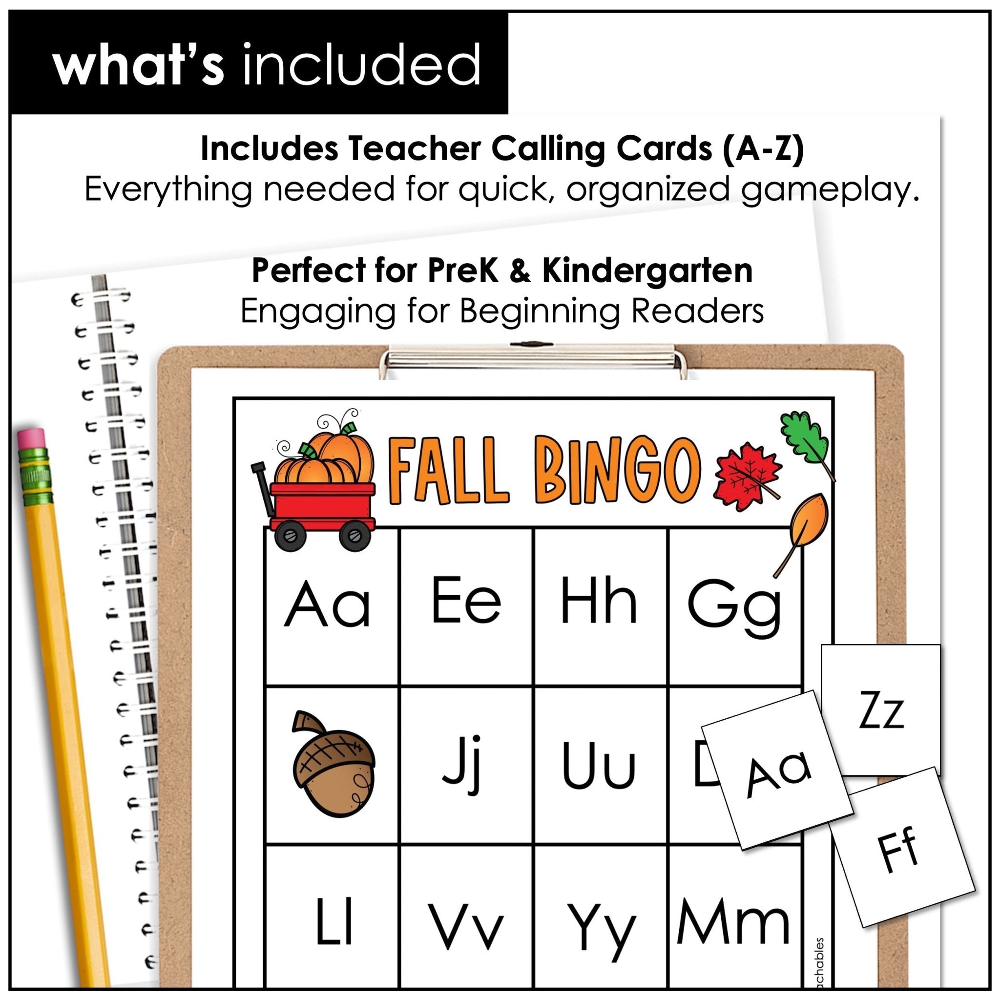 Fall Alphabet Bingo Game – Uppercase & Lowercase Letter Recognition (Autumn Theme) - Hot Chocolate Teachables