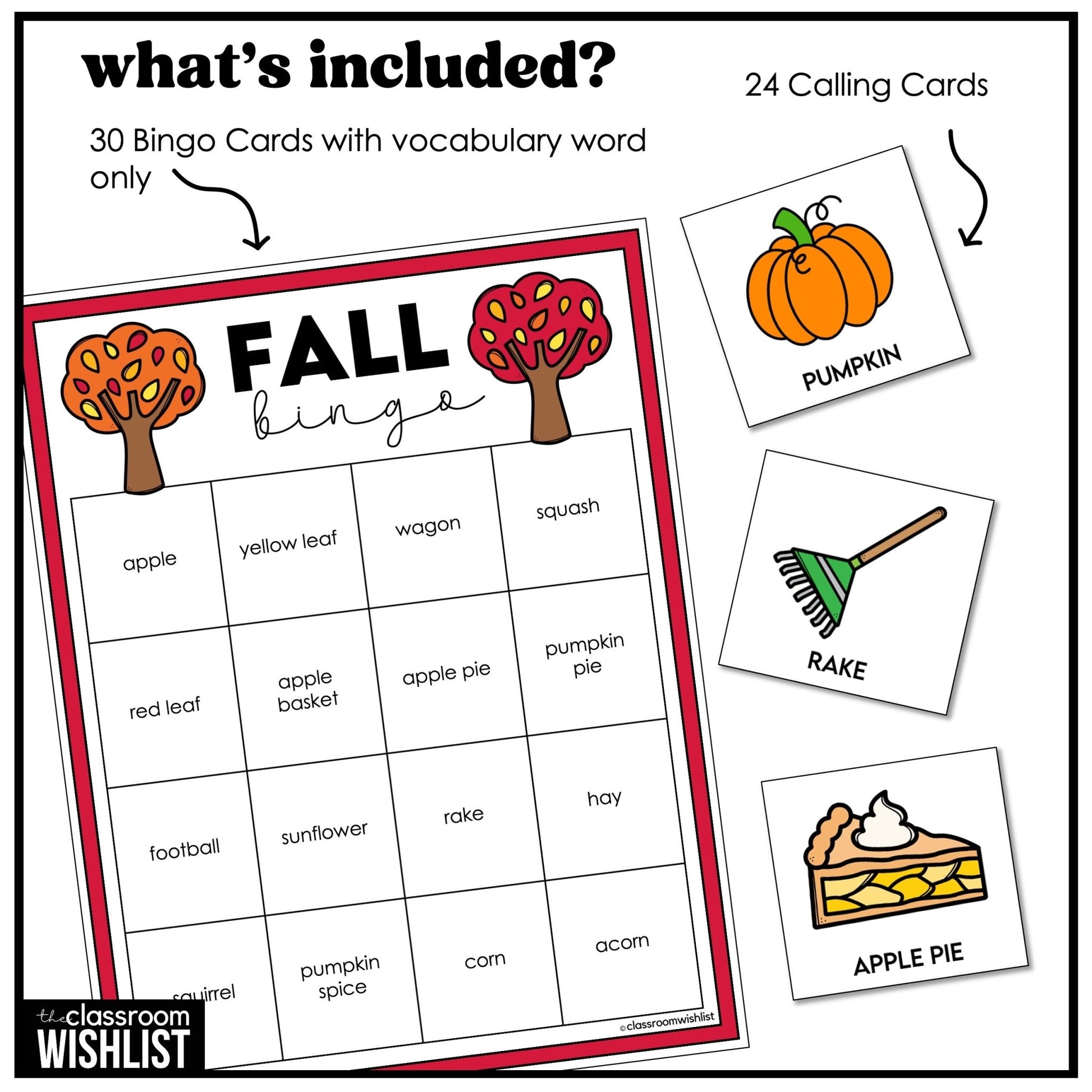 Fall Bingo Game – 3 Complete Sets with Autumn Words & Pictures for ESL/ELL - Hot Chocolate Teachables