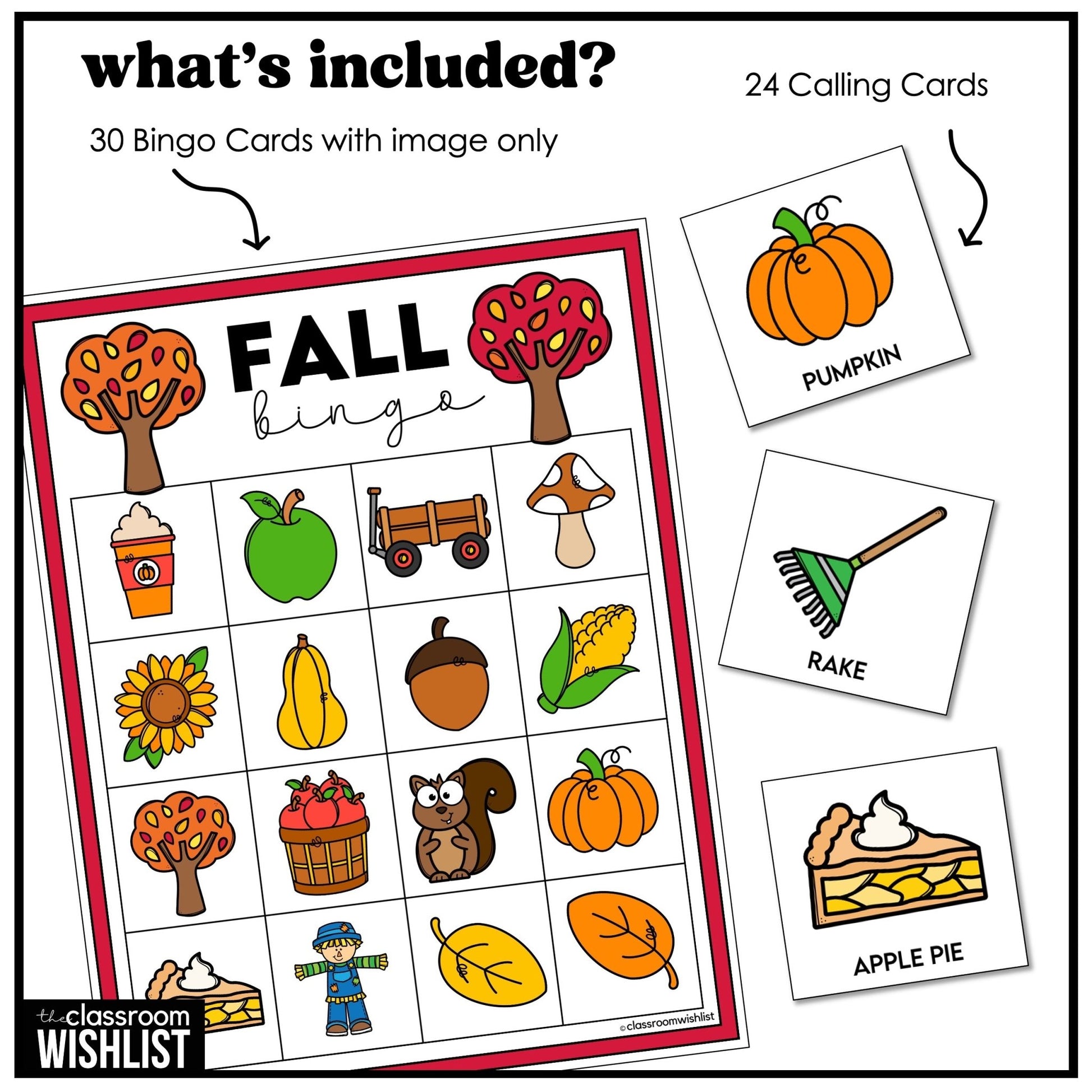 Fall Bingo Game – 3 Complete Sets with Autumn Words & Pictures for ESL/ELL - Hot Chocolate Teachables
