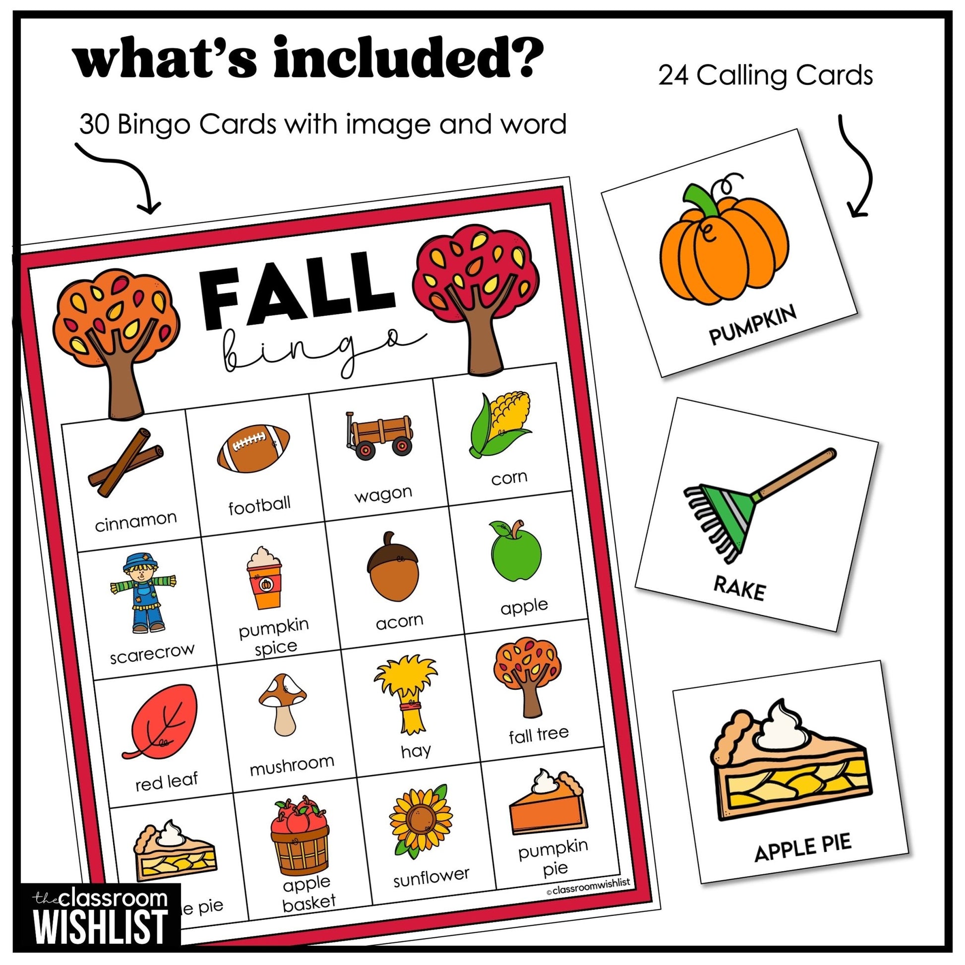 Fall Bingo Game – 3 Complete Sets with Autumn Words & Pictures for ESL/ELL - Hot Chocolate Teachables