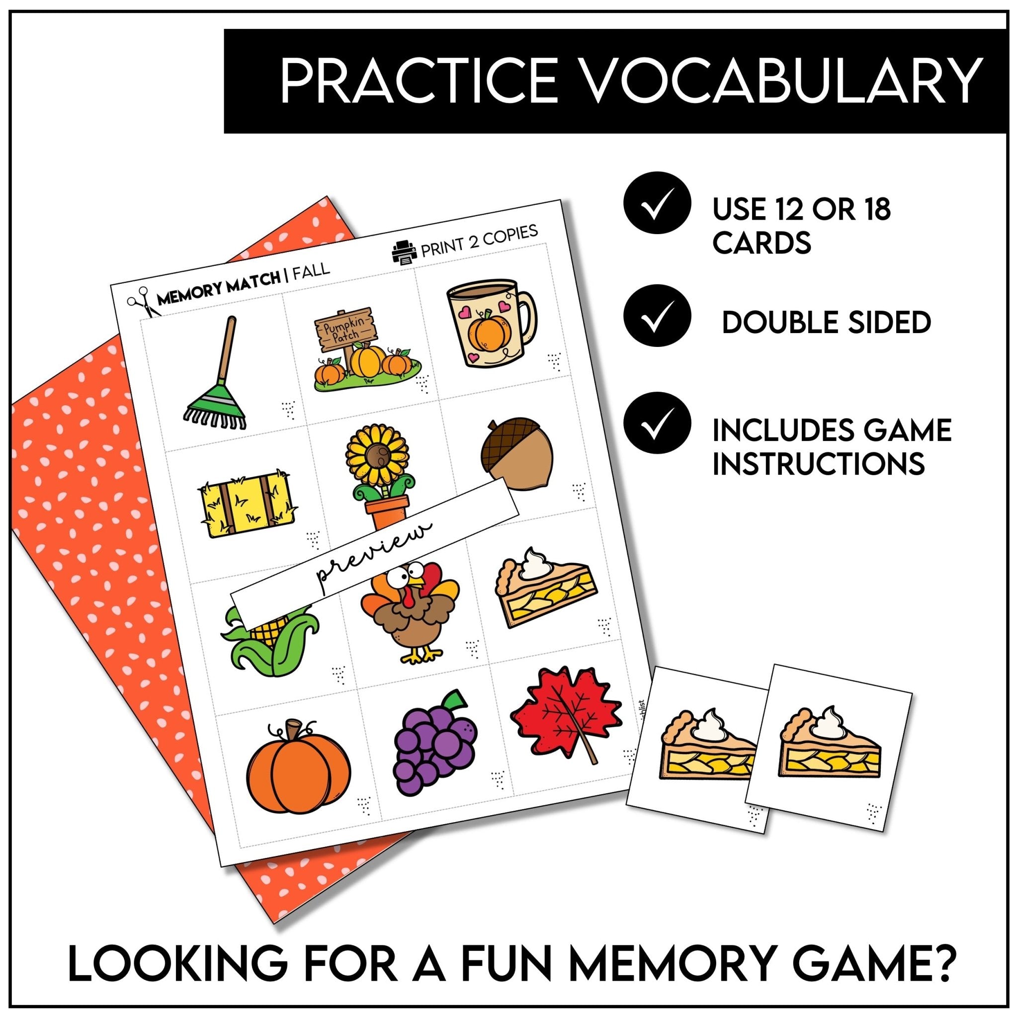 Fall Memory Game | Picture Cards | Autumn Vocabulary