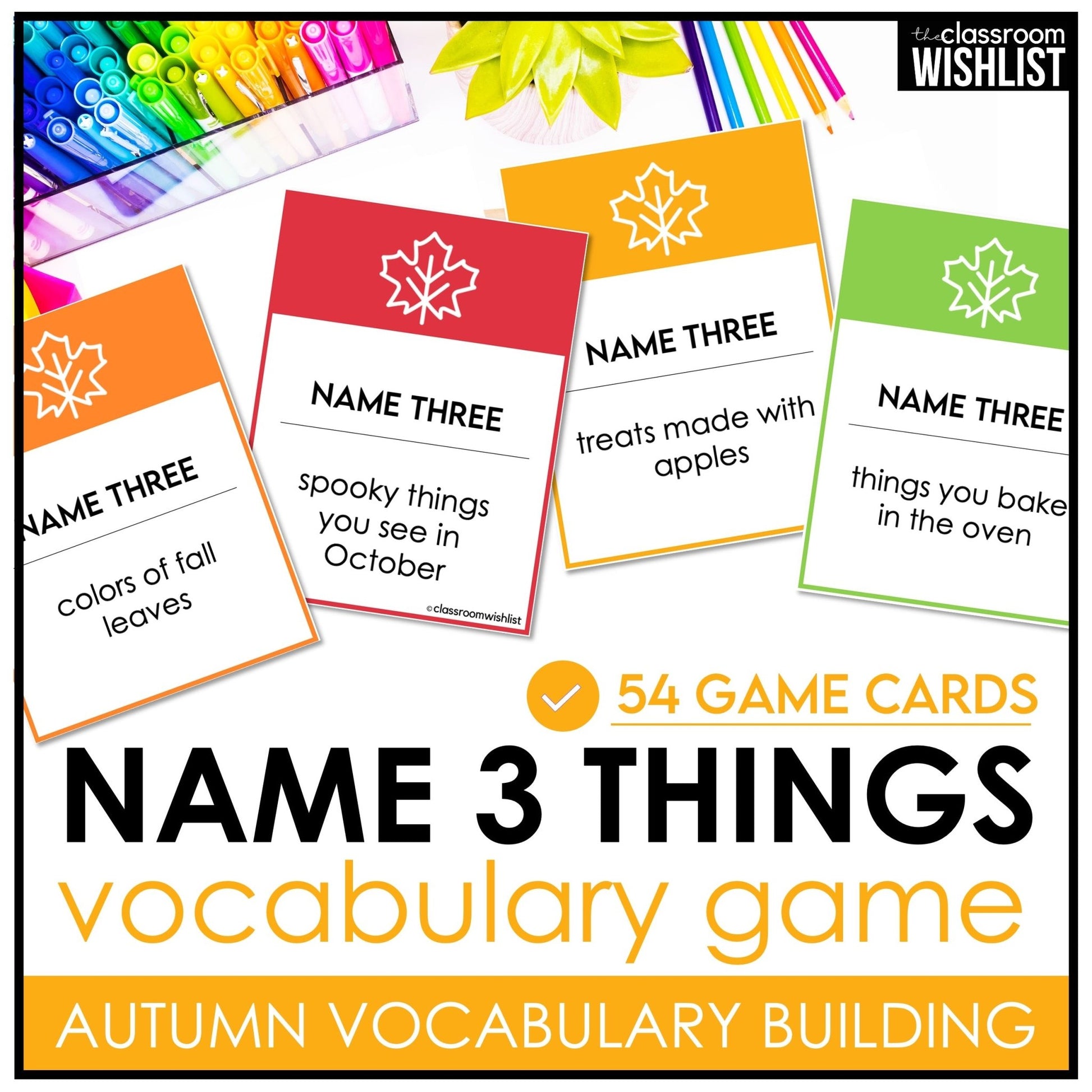 Fall Vocabulary Card Game for ESL | Name 3 Things | Autumn Speaking & Brainstorming - Hot Chocolate Teachables