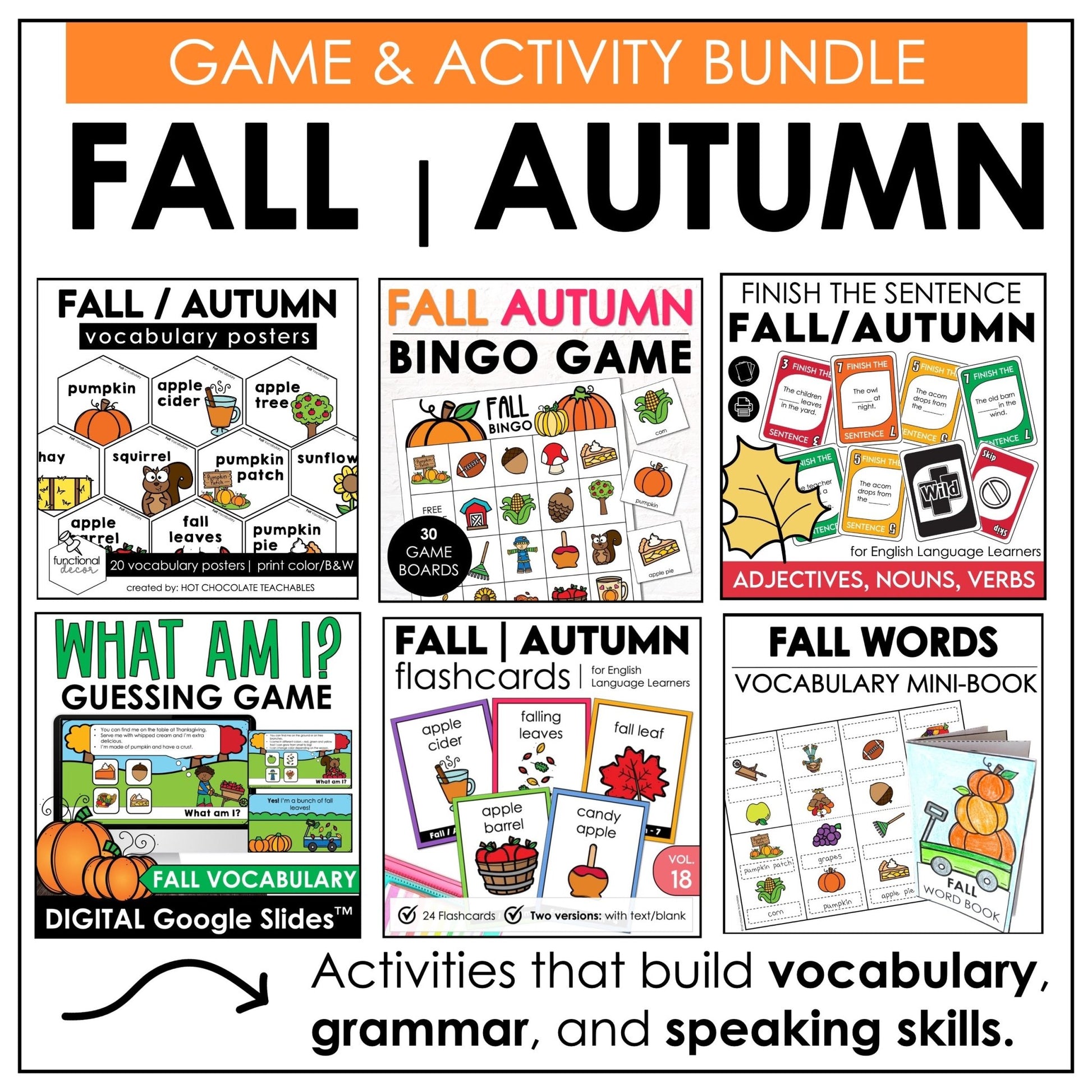 Fall Vocabulary Games Bundle – ESL, ELL & Elementary Autumn Activities - Hot Chocolate Teachables