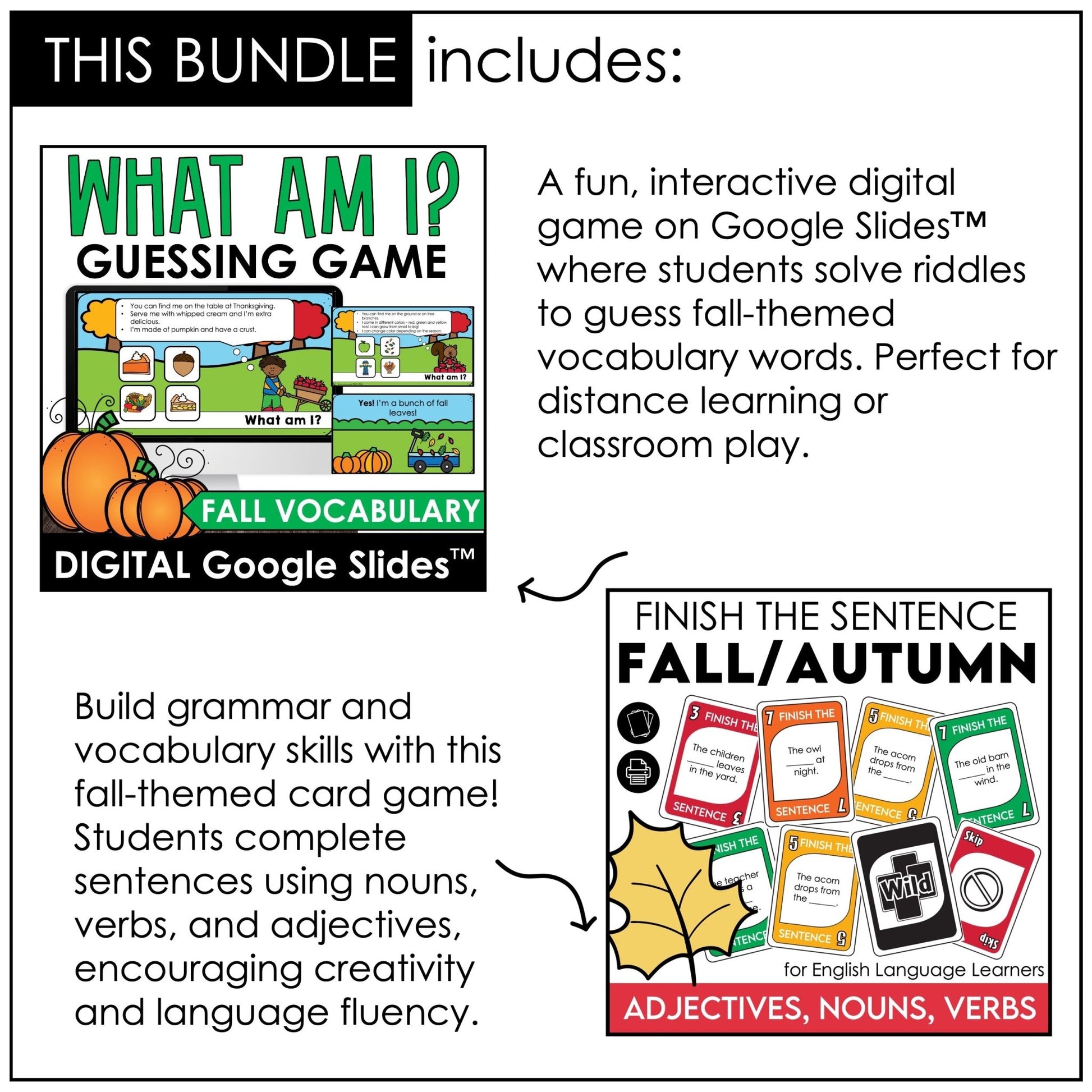 Fall Vocabulary Games Bundle – ESL, ELL & Elementary Autumn Activities - Hot Chocolate Teachables
