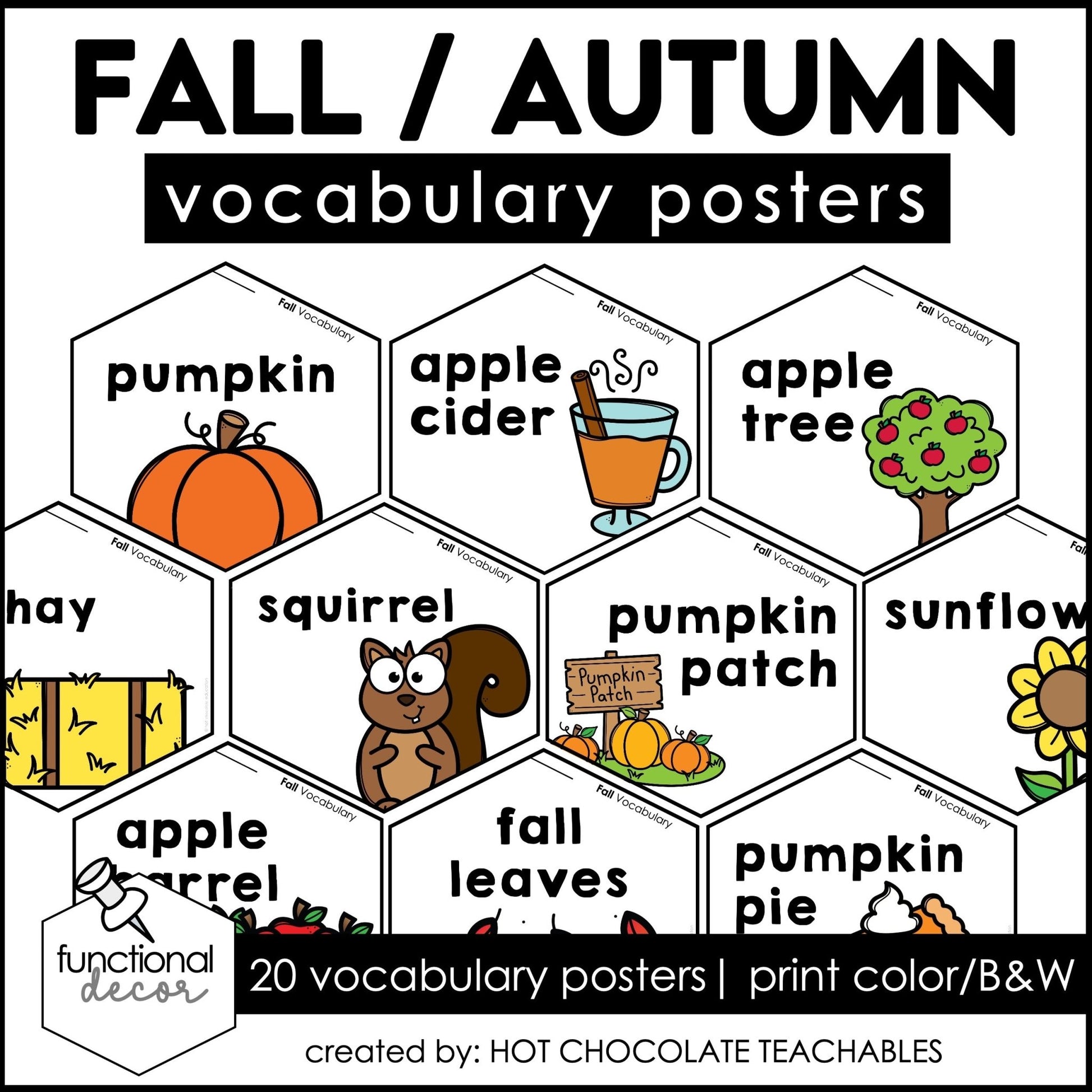 Fall Vocabulary Posters | Autumn Word Wall | Classroom Bulletin Board for ESL - Hot Chocolate Teachables