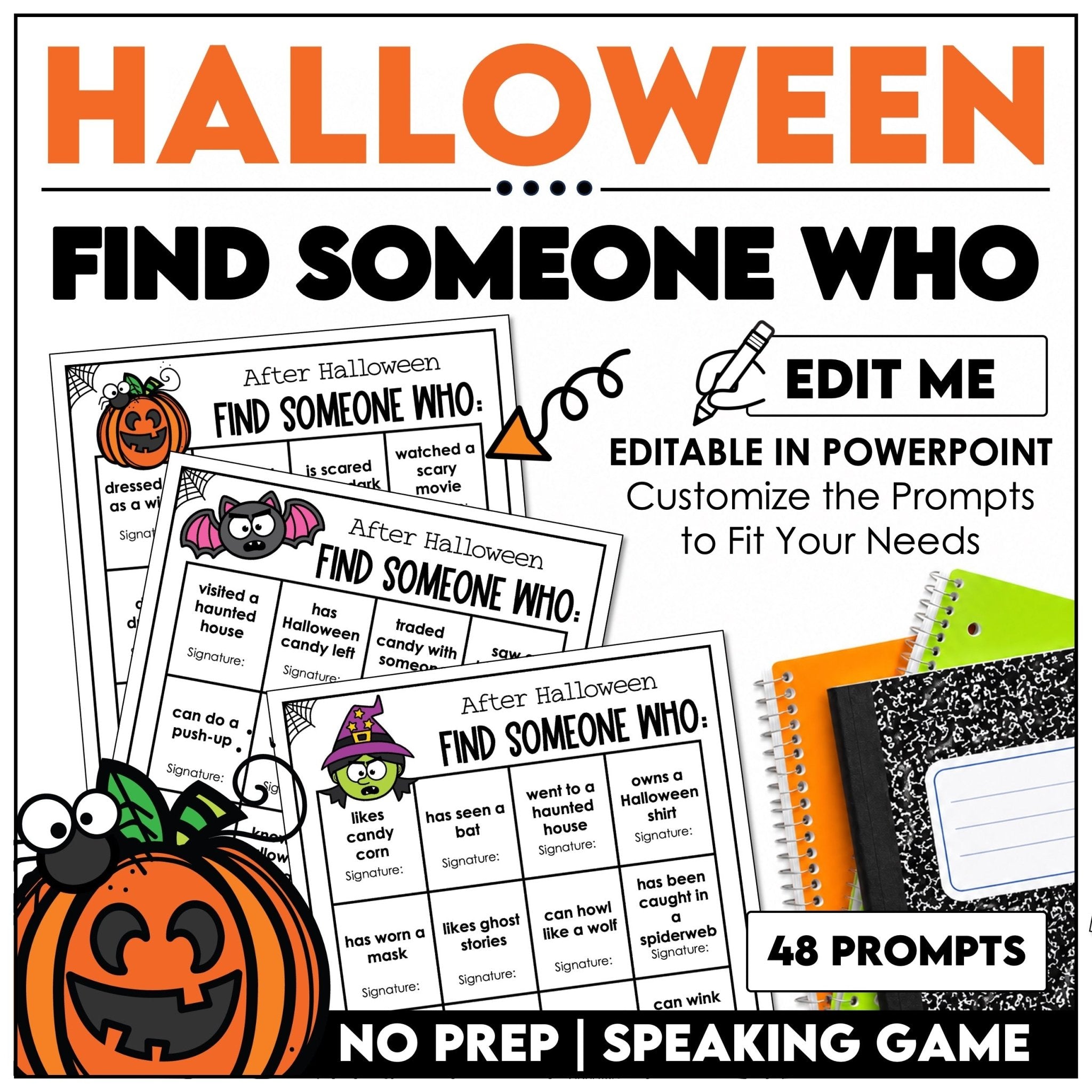 Halloween Find Someone Who printable speaking activity for ESL and elementary classrooms