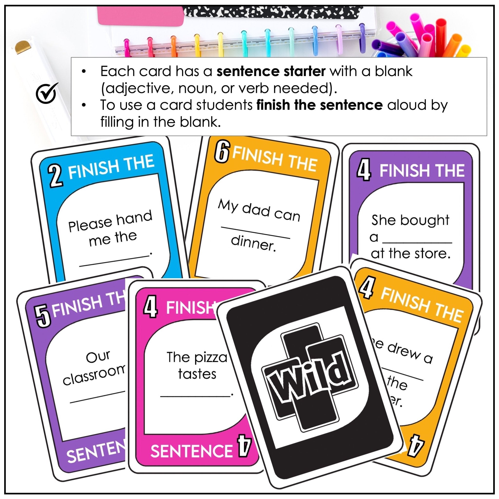 Finish the Sentence Card Game – ESL Vocabulary Building with Adjectives, Nouns & Verbs - Hot Chocolate Teachables