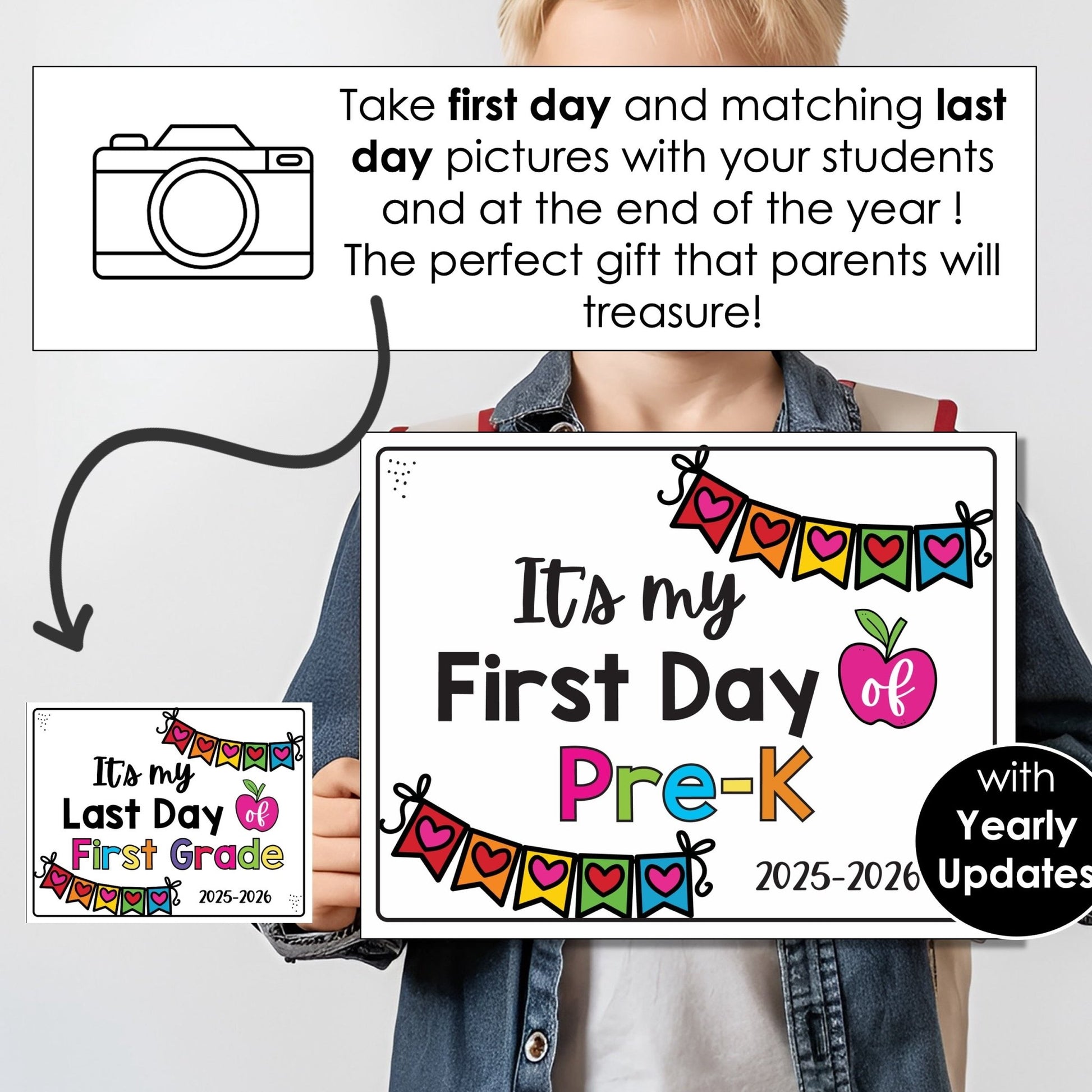 FIRST day of school SIGN - 2025 - 2026 Preschool & K - 6 - includes Yearly Updates - Hot Chocolate Teachables