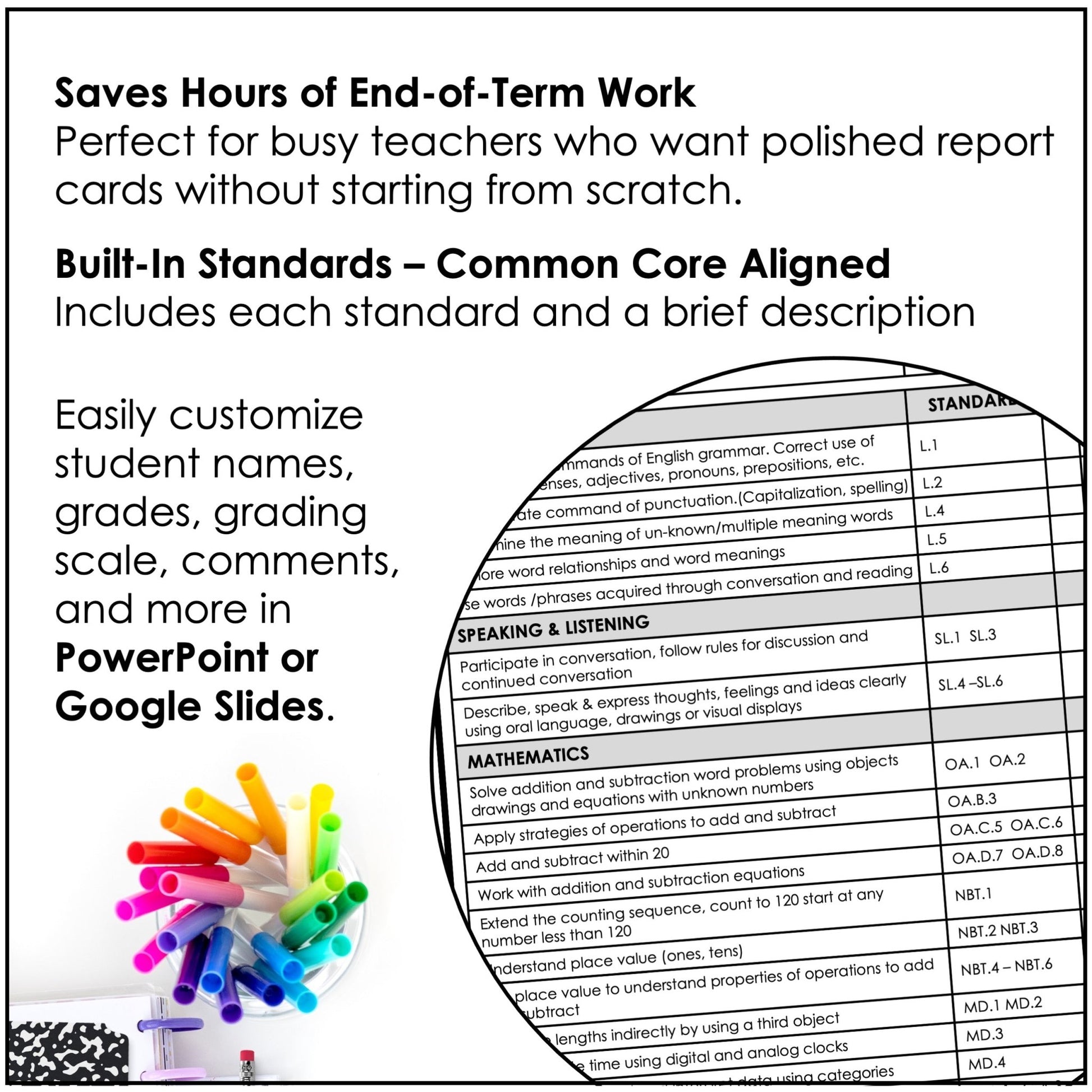 First Grade Editable Report Card Templates with Common Core Aligned Standards - Hot Chocolate Teachables