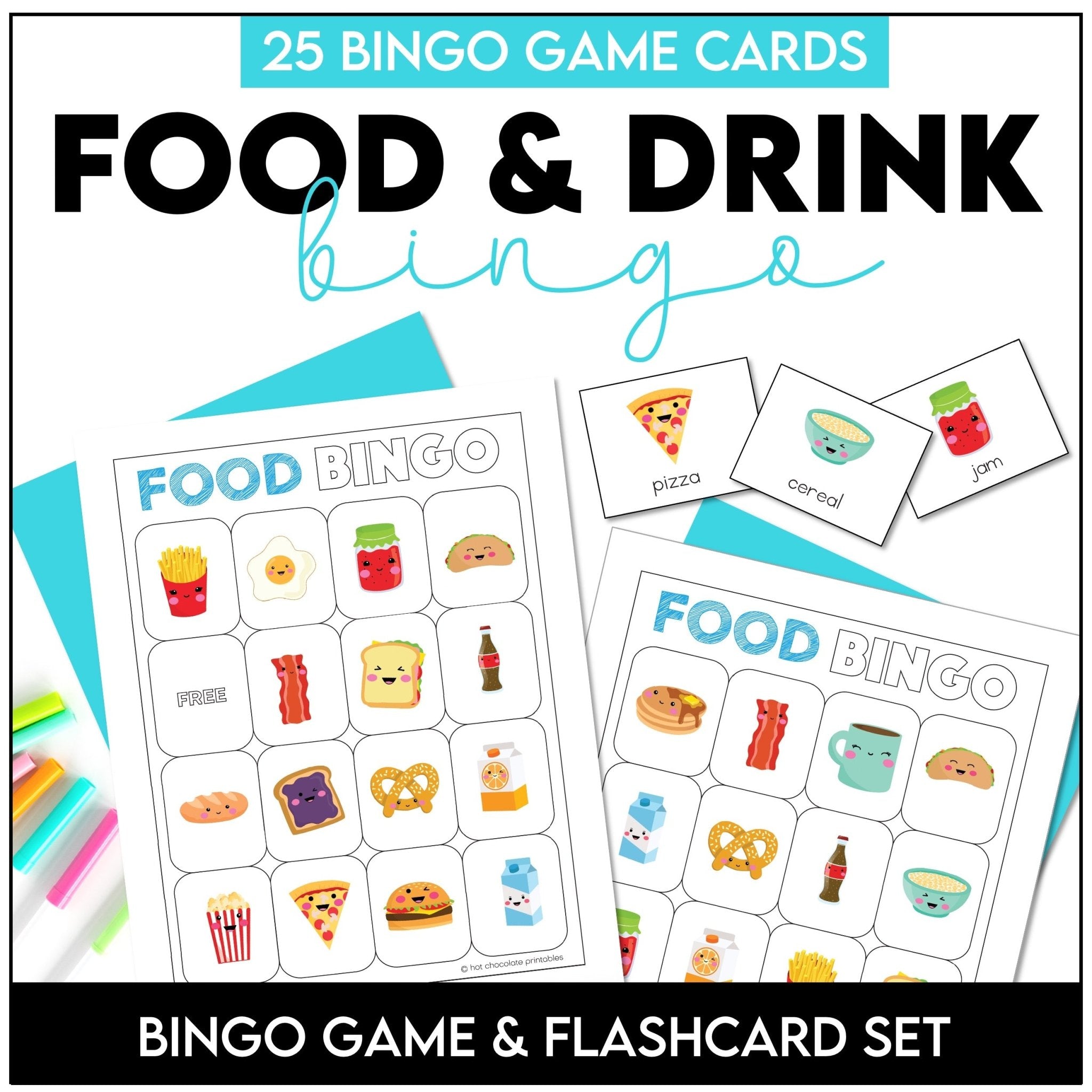 Food and Drink Bingo Game + Flashcards - Hot Chocolate Teachables