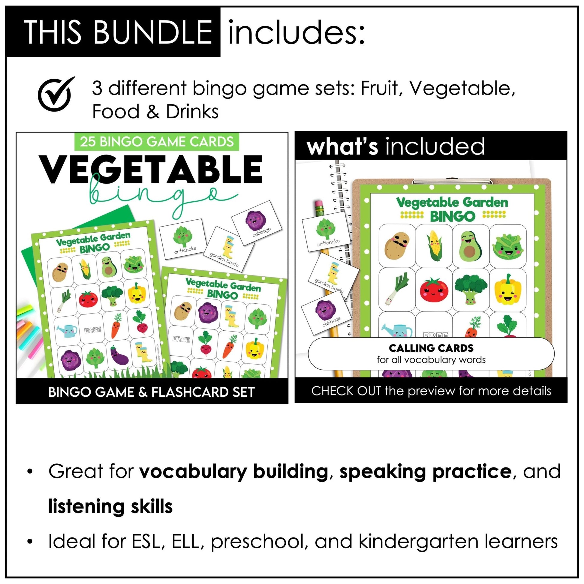 Food, Drink, Fruit and Vegetable Vocabulary Bingo & Flashcard Bundle - Hot Chocolate Teachables