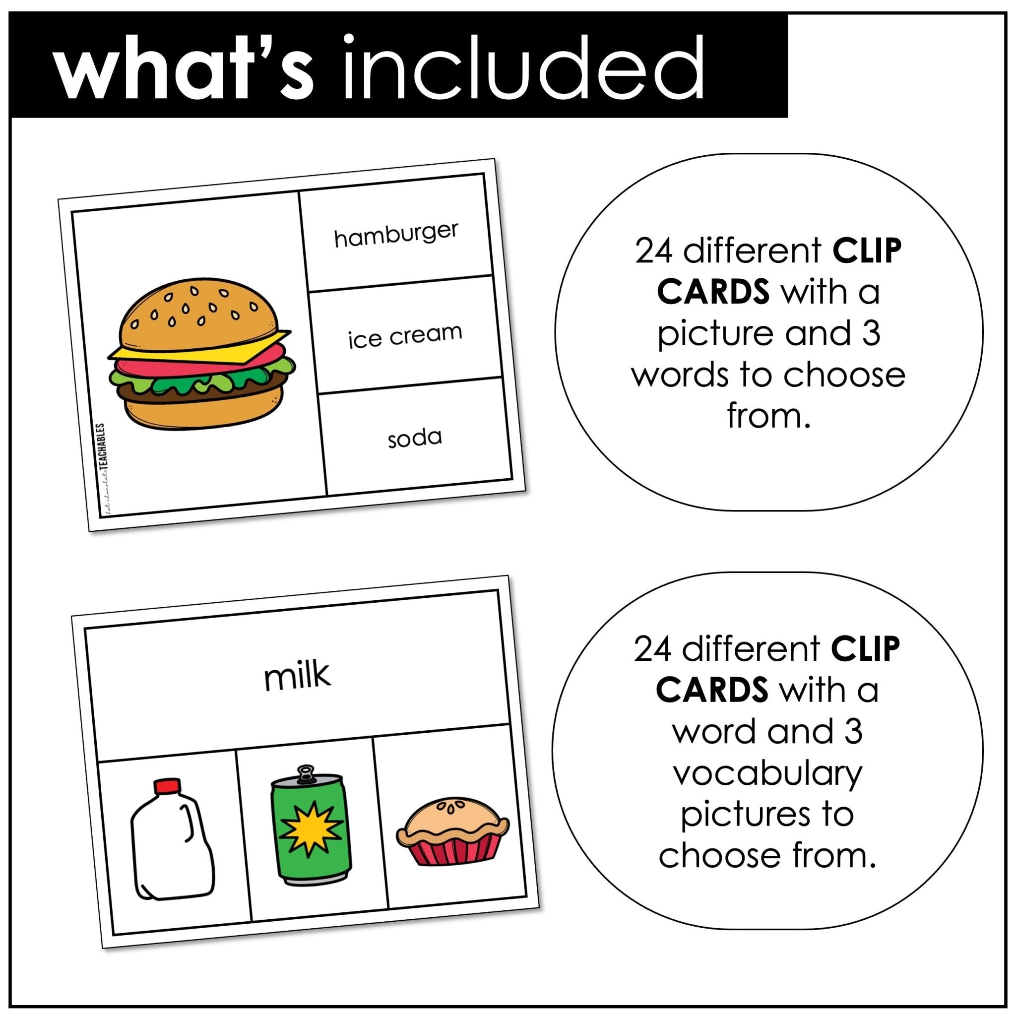 Food & Drink Vocabulary CLIP CARD activity task cards