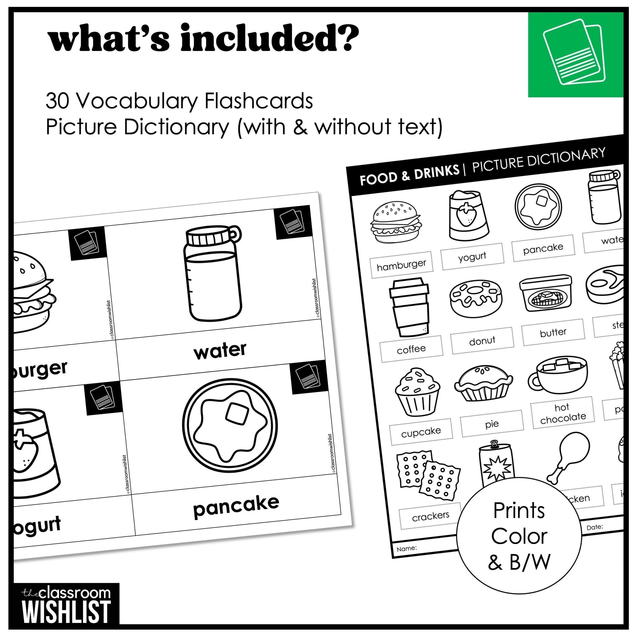 Food & Drinks Vocabulary Building ESL Flashcard Pack: Flash Cards & Dictionary - Hot Chocolate Teachables