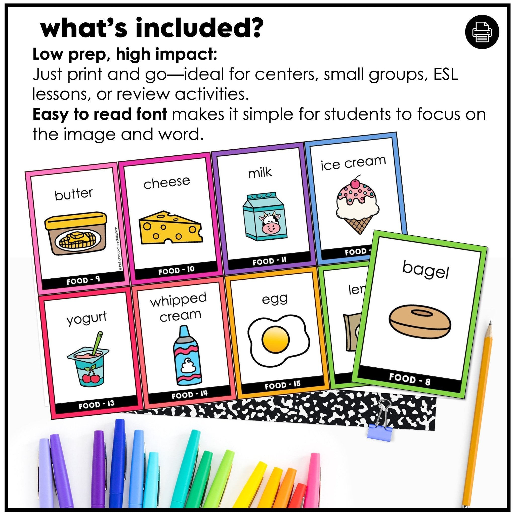 Food Group Vocabulary Flashcards | ESL Task Cards - Meat, Dairy, Protein - Hot Chocolate Teachables