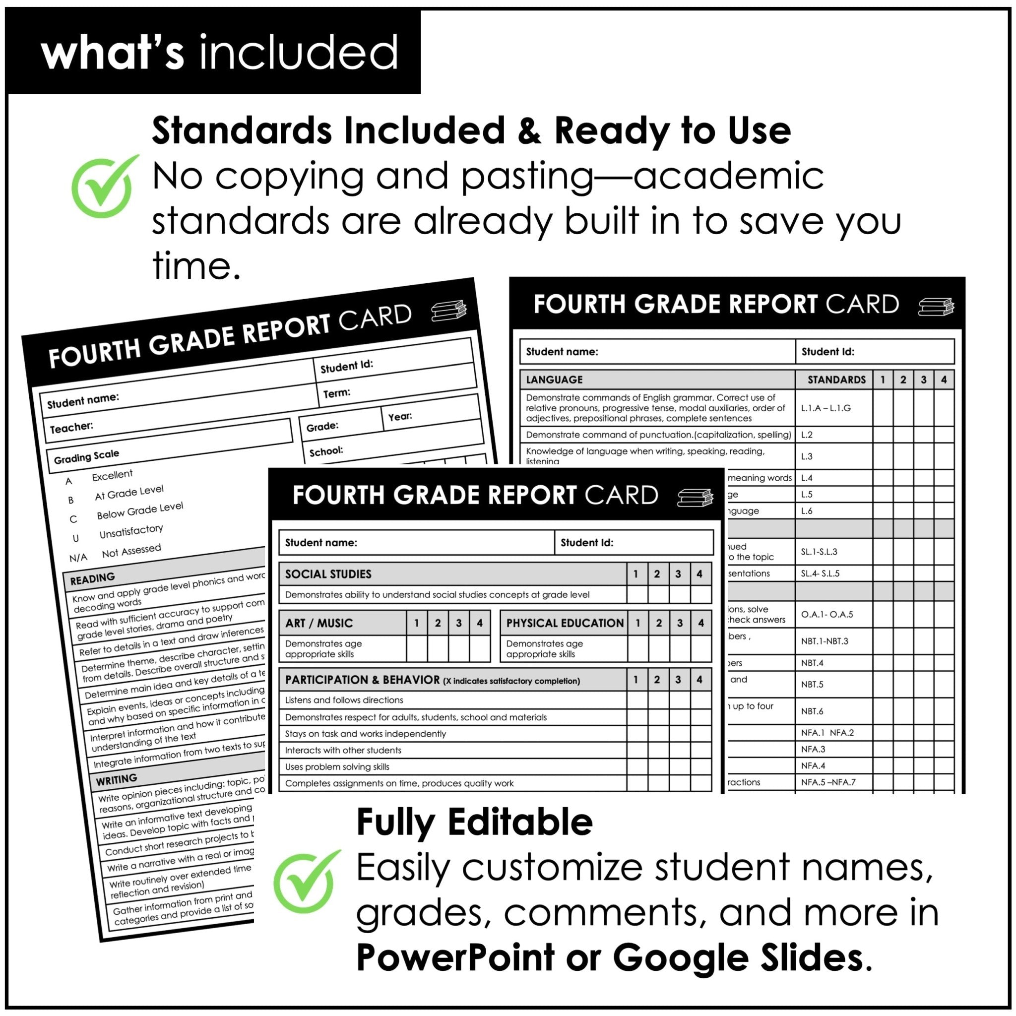 Editable Fourth Grade Report Cards