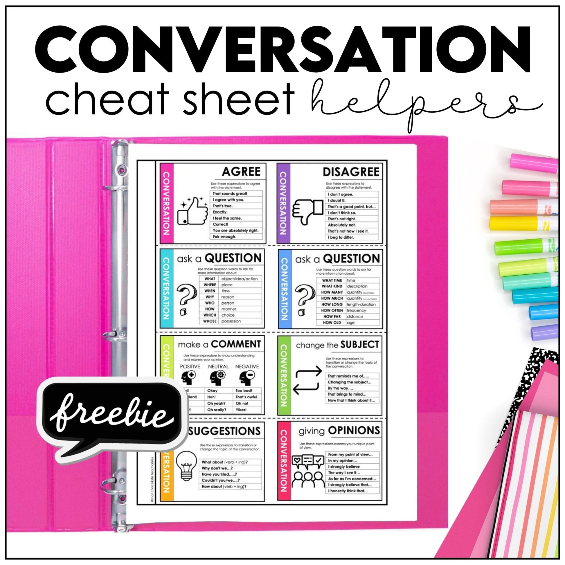 FREE Conversation Prompt Helper - ESL Speaking Cheat Sheet - Hot Chocolate Teachables