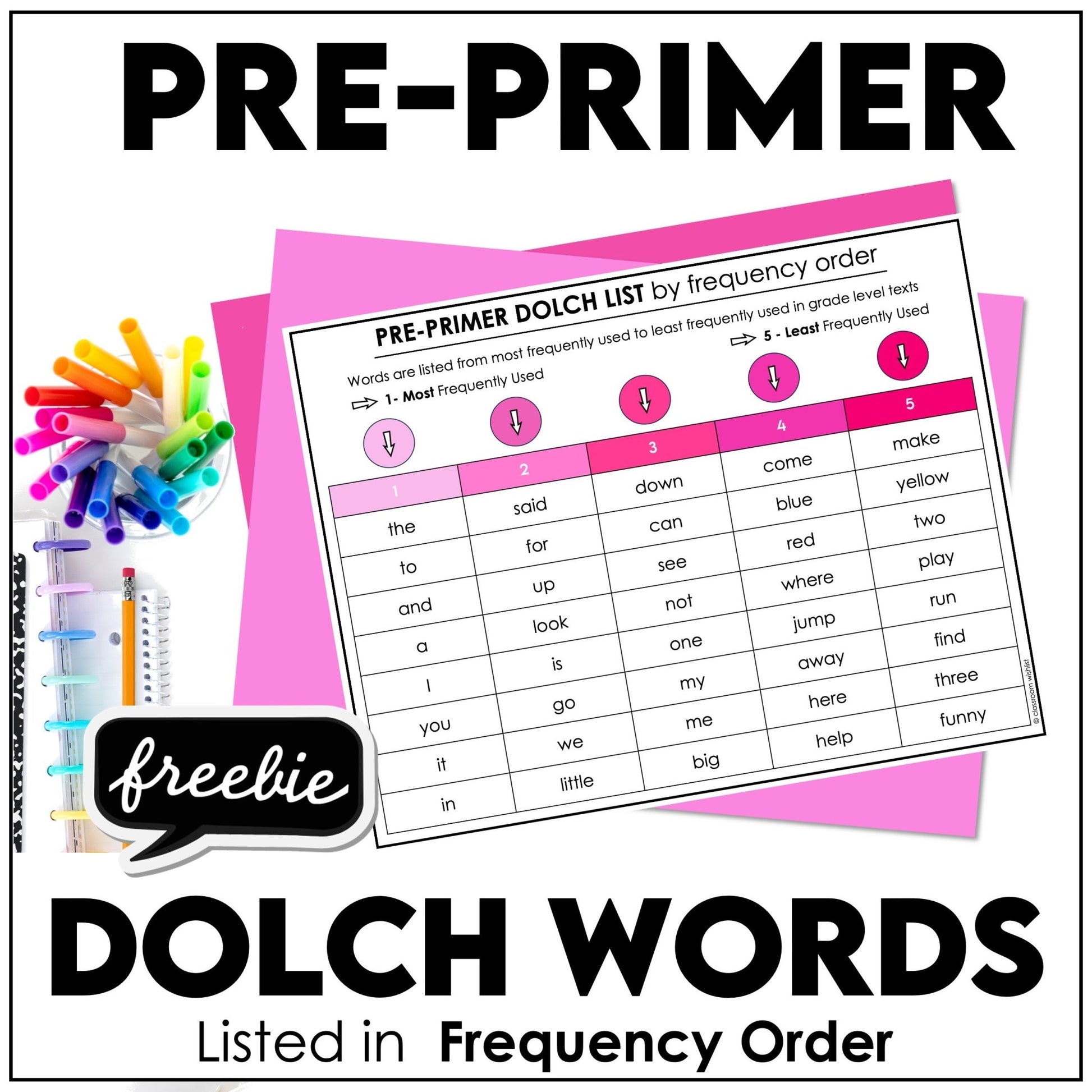 FREE Pre - Primer Sight Word List (by frequency order) - Hot Chocolate Teachables