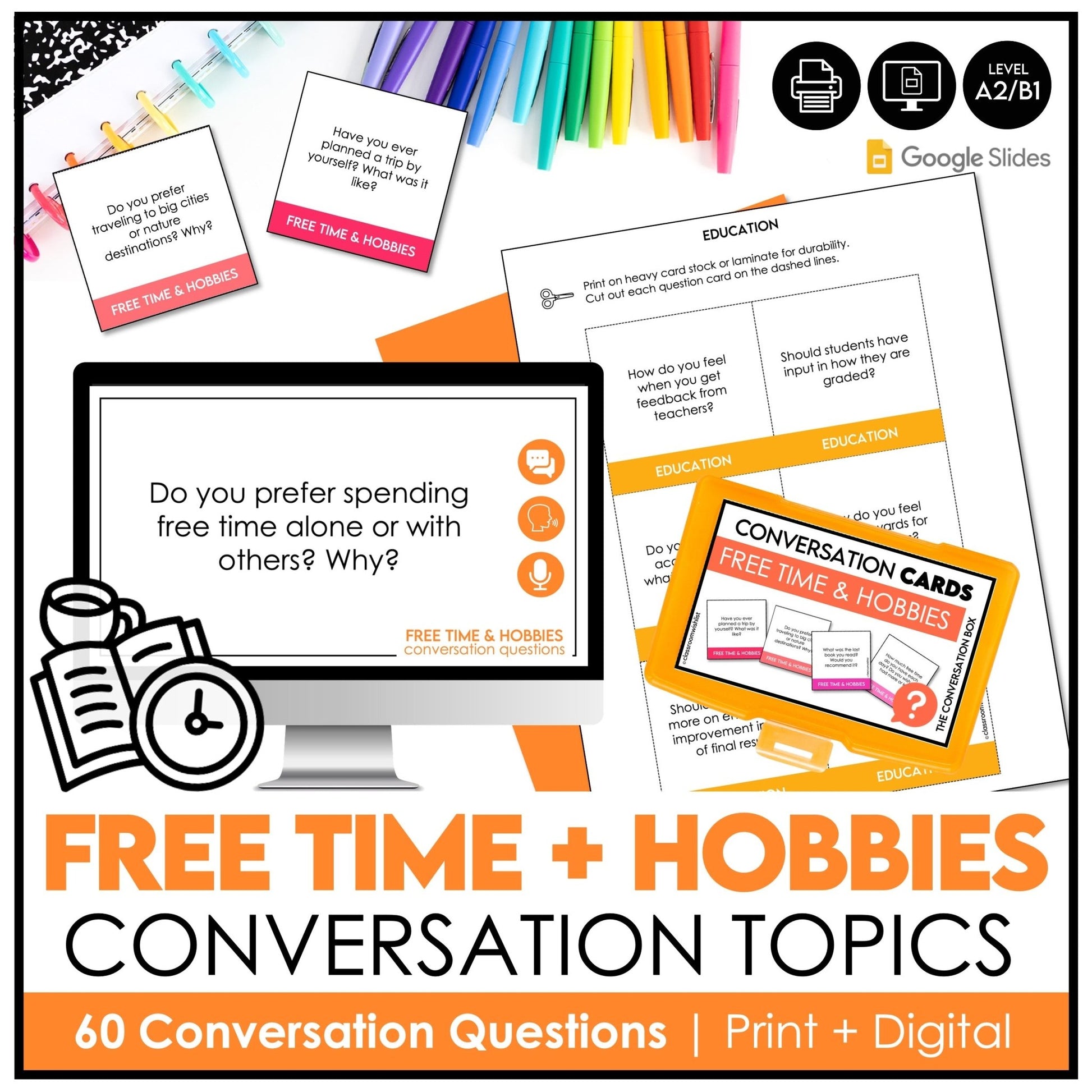 Free Time & Hobbies Conversation Starter Cards | 60 ESL Speaking Prompts - Hot Chocolate Teachables