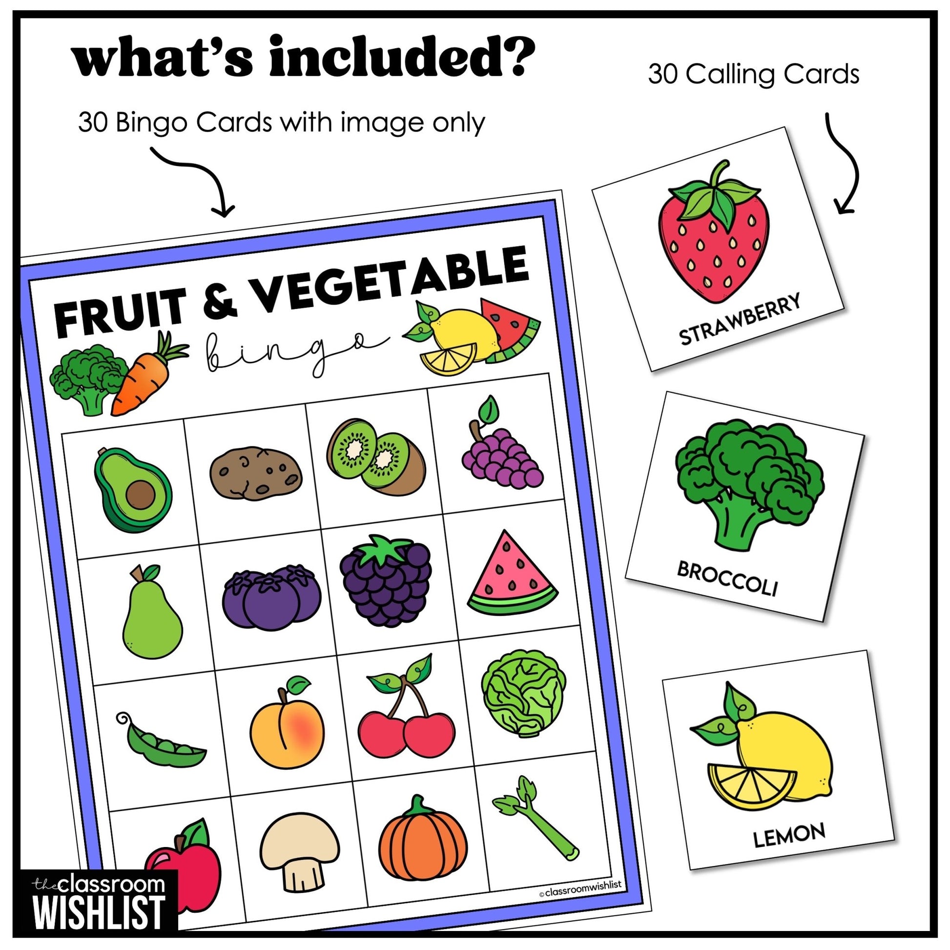 Fruit & Vegetable Bingo – Vocabulary Bingo Game Cards - Play 3 Ways - Hot Chocolate Teachables