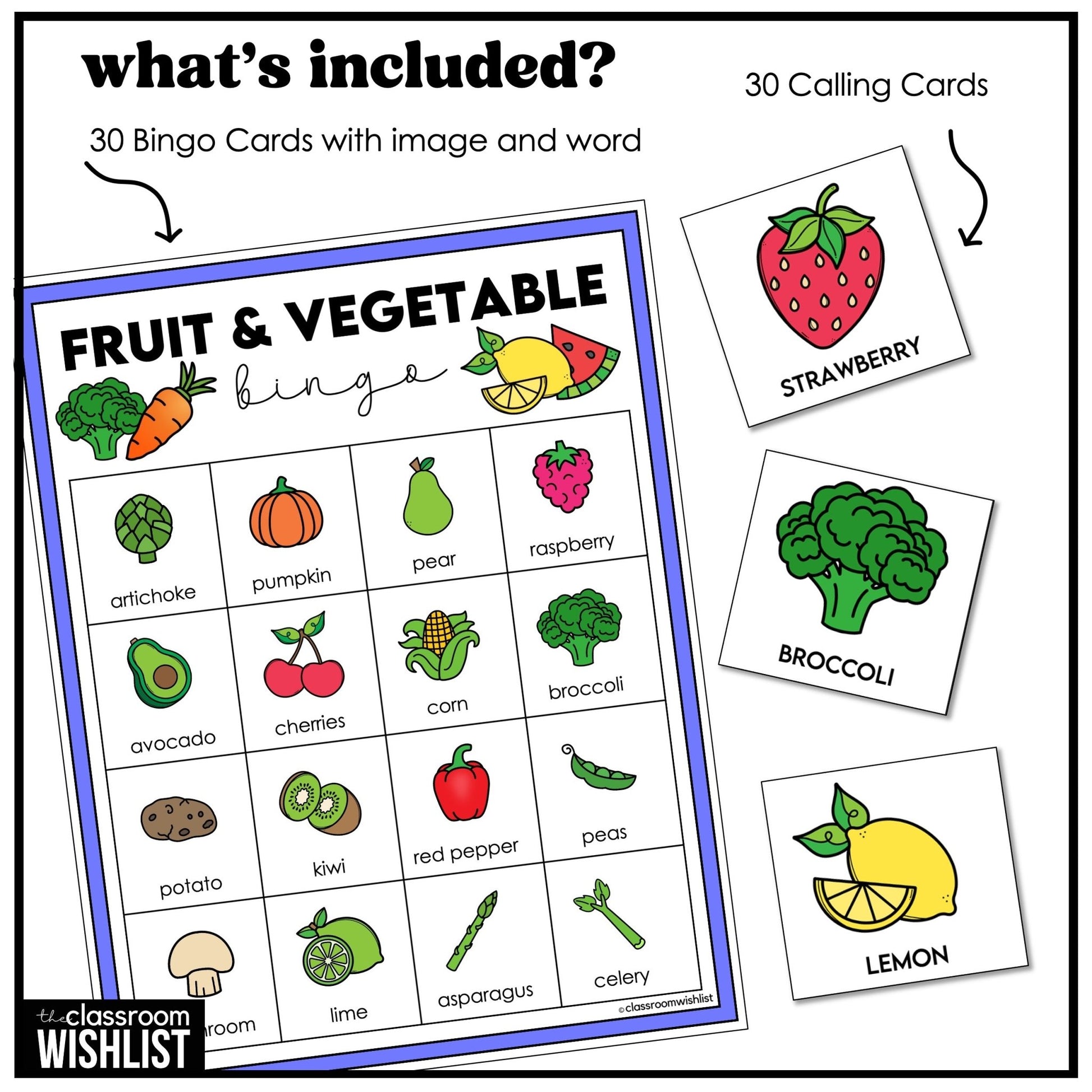 Fruit & Vegetable Bingo – Vocabulary Bingo Game Cards - Play 3 Ways - Hot Chocolate Teachables