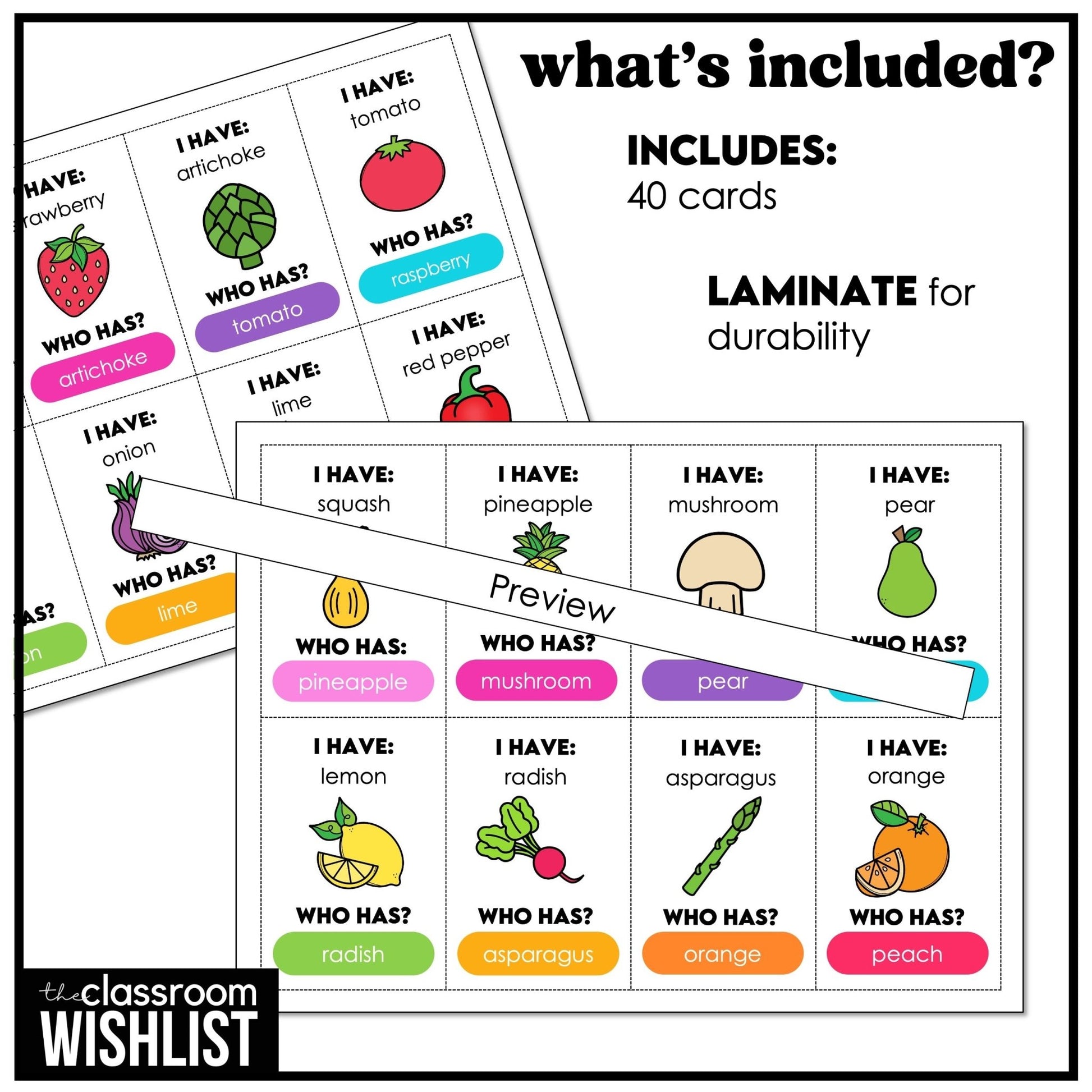 Fruit & Vegetable - I Have, Who Has? Card Game | Vocabulary Practice Activity - Hot Chocolate Teachables