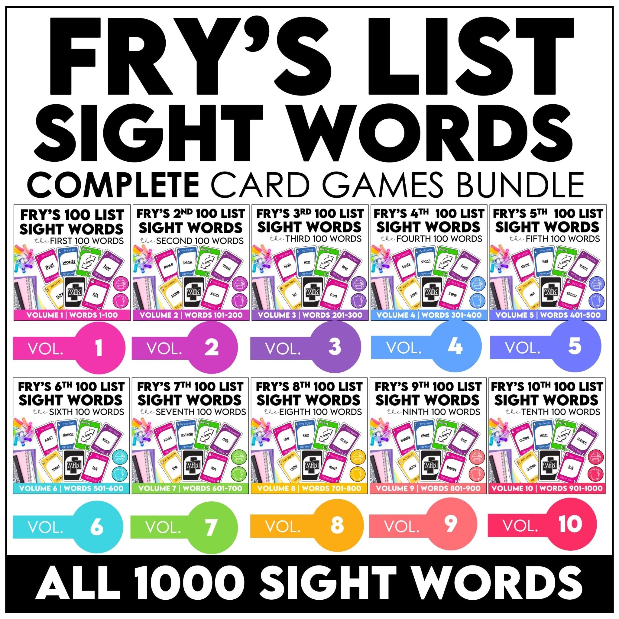 Fry's First 1000 Sight Words - Complete Card Game Bundle for 1st - 5th Grade - Hot Chocolate Teachables