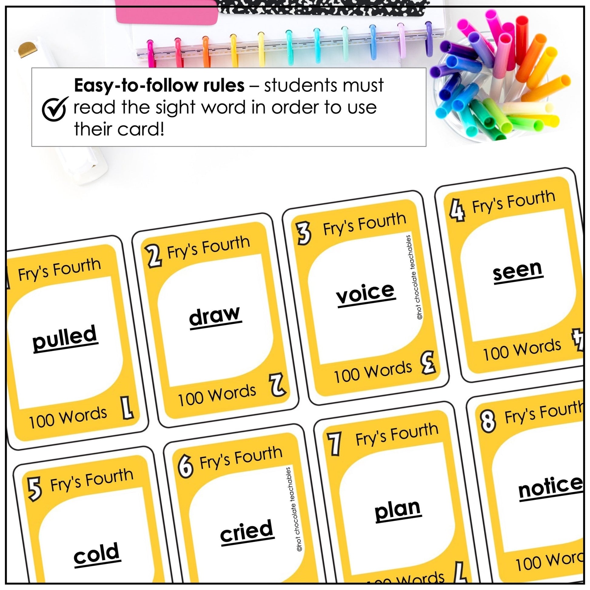 Fry's Sight Words Card Game - Fourth Hundred Words - Plays like UNO - Hot Chocolate Teachables