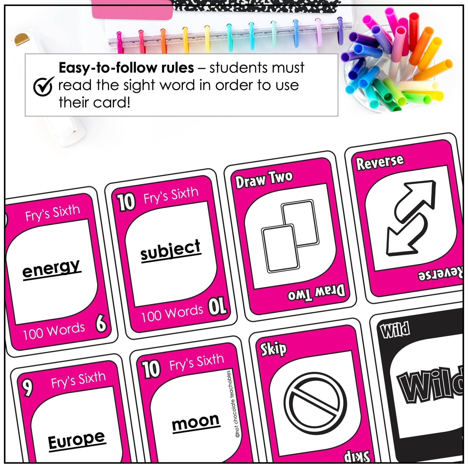 Fry's Sight Words Card Game - Sixth Hundred Words - Plays like UNO - Hot Chocolate Teachables