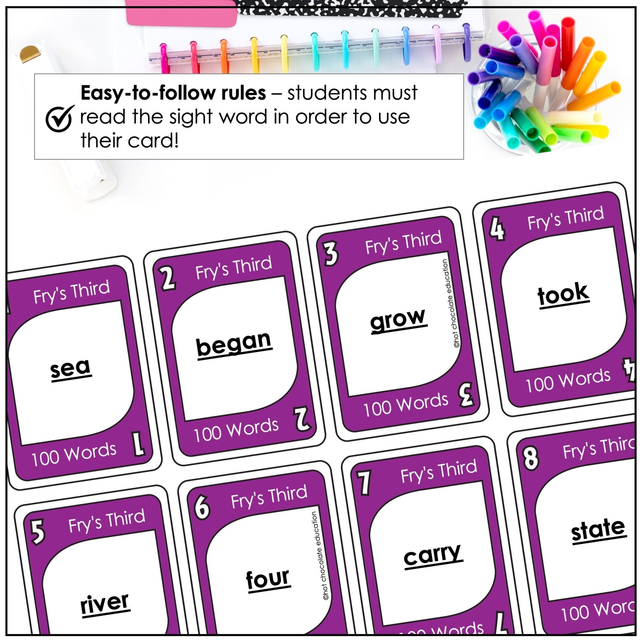 Fry's Sight Words Card Game - Third 100 Words for 3rd Grade - Plays like UNO - Hot Chocolate Teachables