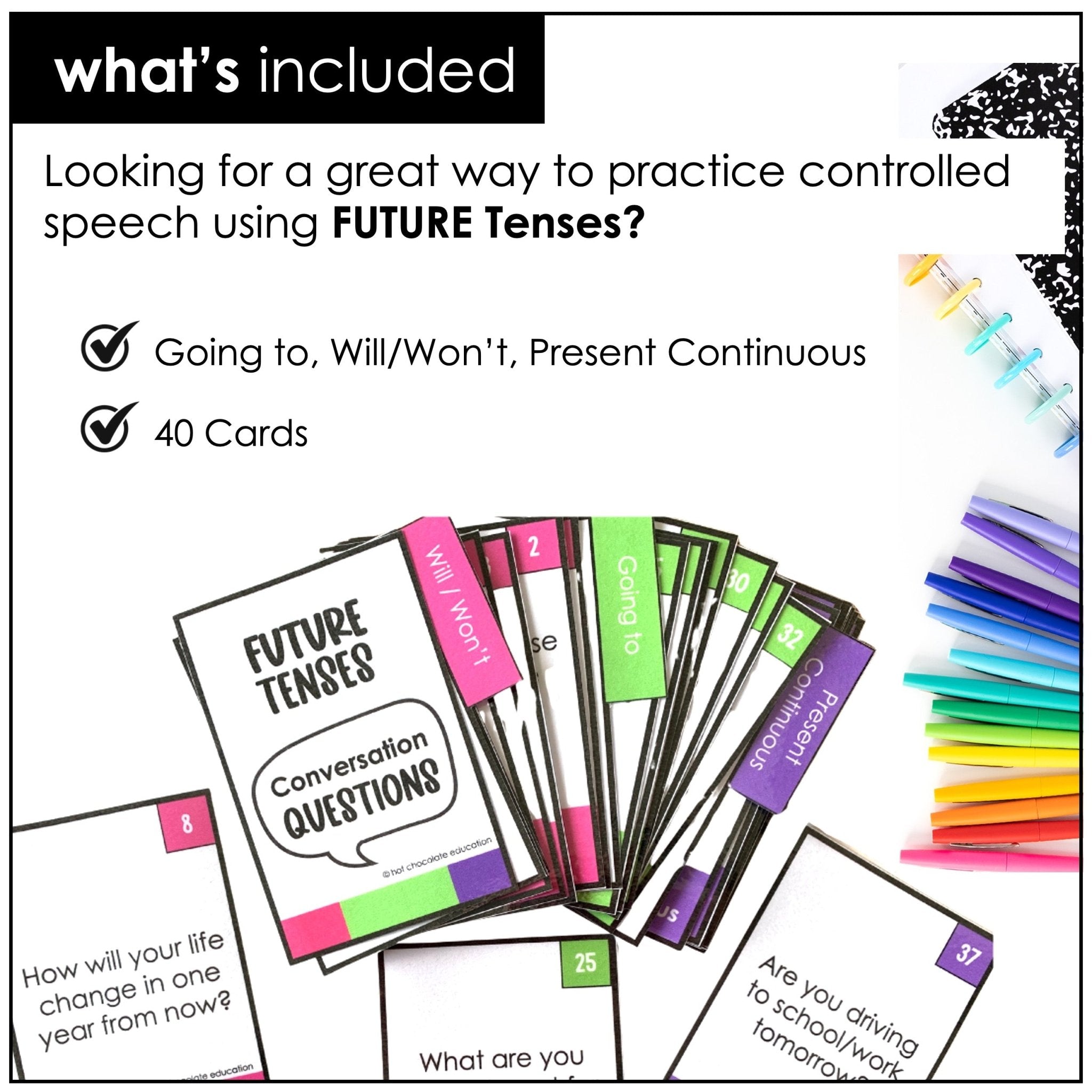 Future Tenses ESL Conversation Cards - Going To, Will/Won't - Hot Chocolate Teachables