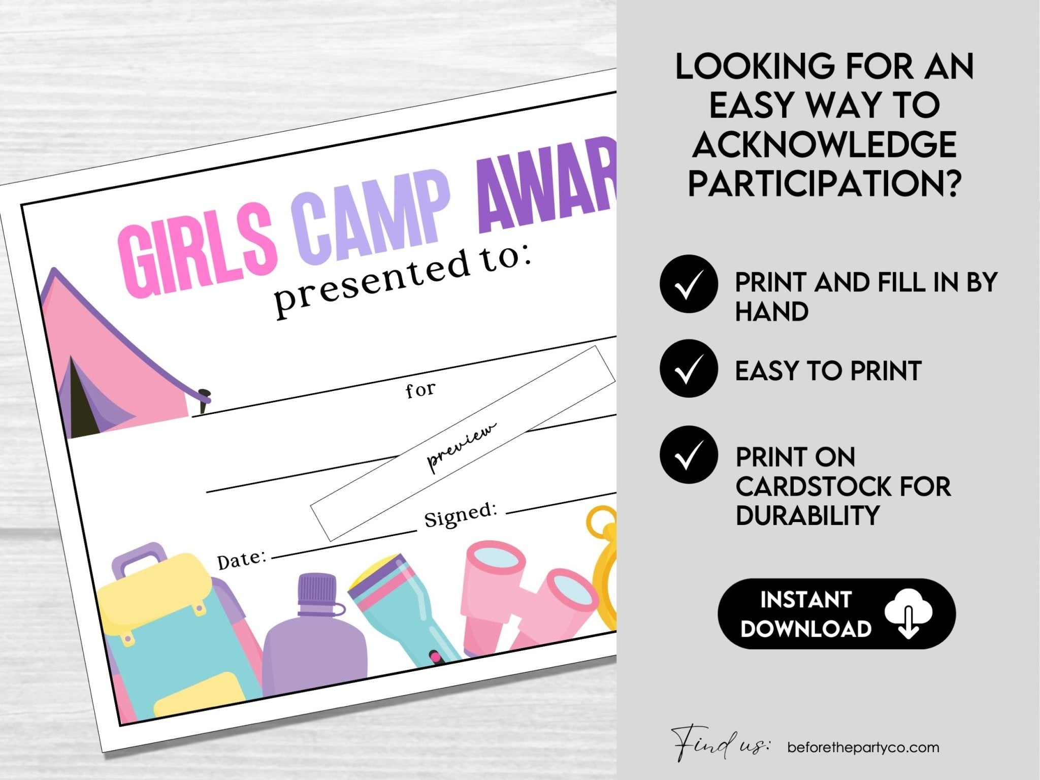 Girls Camp Awards, Summer Camp Certificate for Kids, Printable Certifi ...