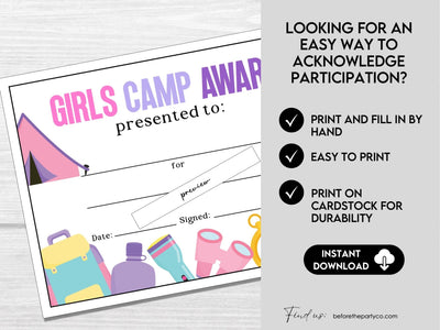 Girls Camp Awards, Summer Camp Certificate for Kids, Printable Certifi ...