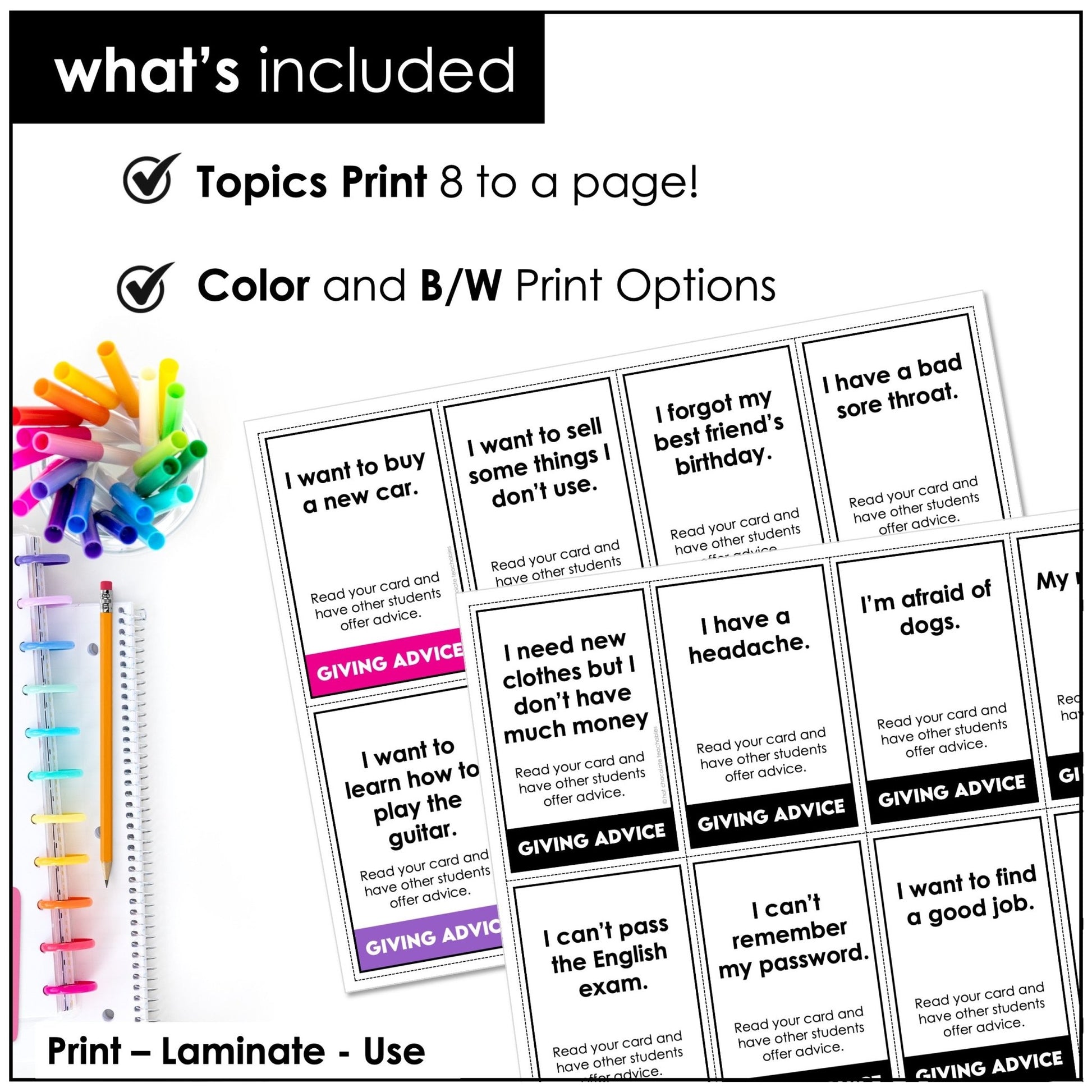 Giving Advice Conversation Cards – ESL Speaking Skills Activity - Hot Chocolate Teachables